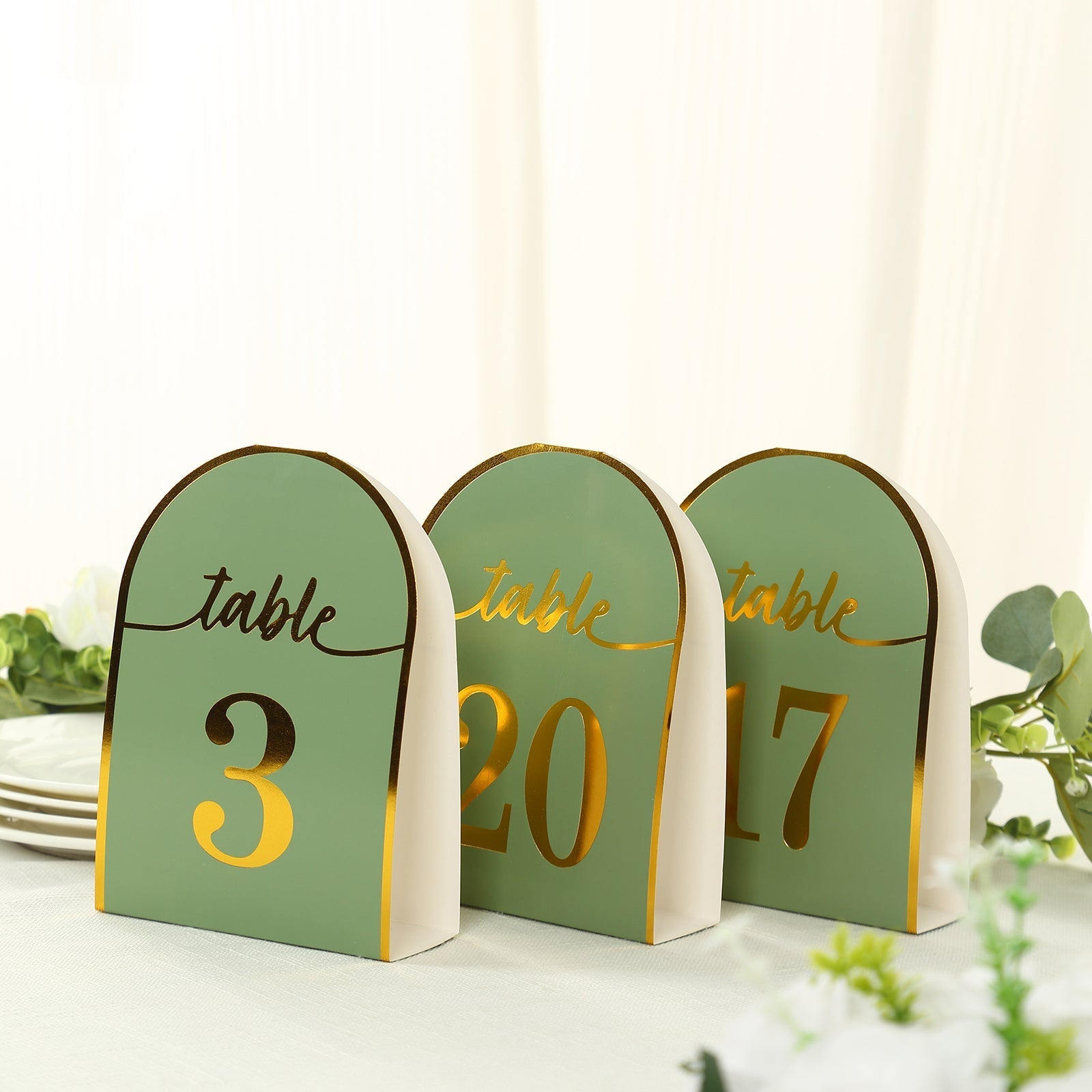 25-Pack Paper Wedding Table Numbers 1-25 Sage Green Arch Cutout Design - Sleek & Modern Free Standing Double Sided Table Tent Cards with Metallic Gold Foil Numbers 7"