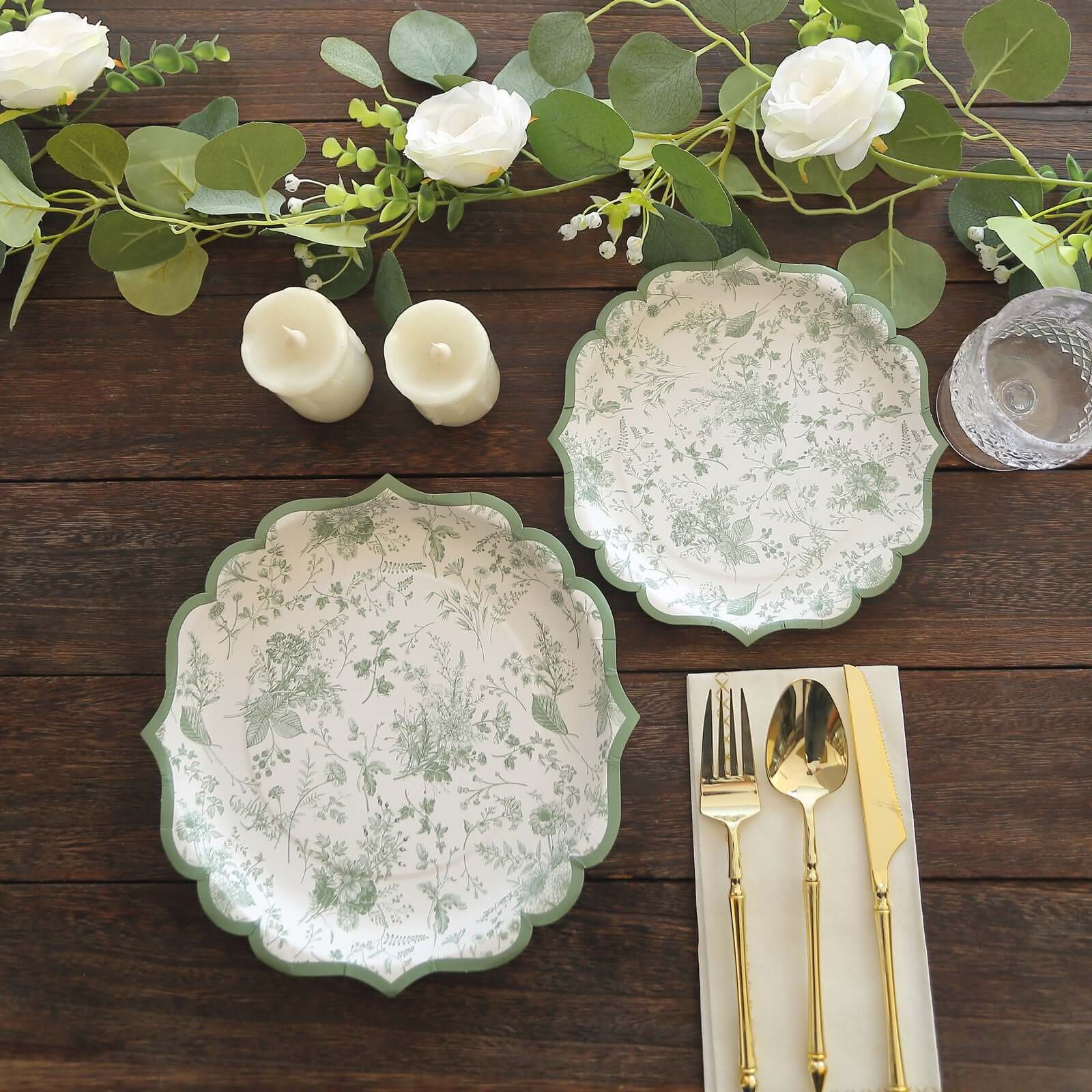 25-Pack Paper 8" Round Dessert Plates in White with Sage Green French Toile Design & Scalloped Rim - Disposable 300GSM Salad Appetizer Plates for Stylish Table Decor