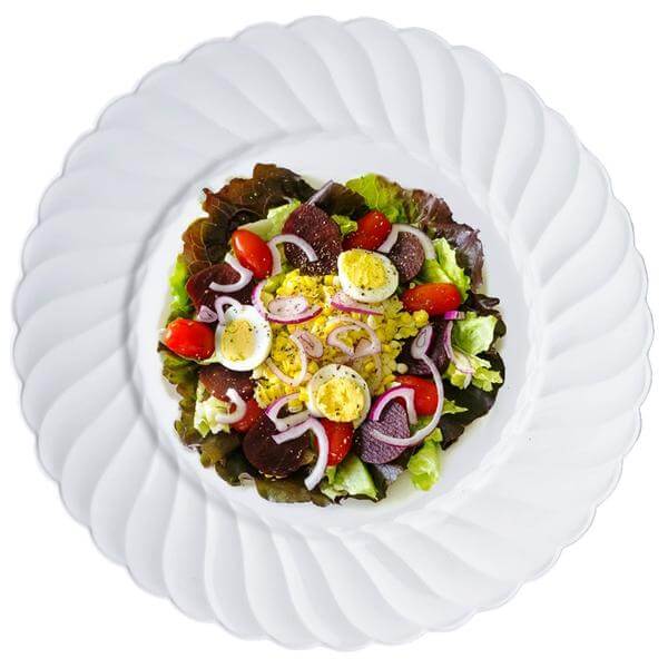 12-Pack Plastic Dinner Plates Glossy White Swirl Rim - Durable Disposable Plates for Gatherings 10"