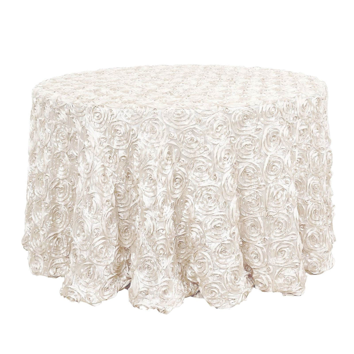 Satin 120" Round Tablecloth Ivory - Grandiose 3D Rosette with Seamless Finish Table Cover
