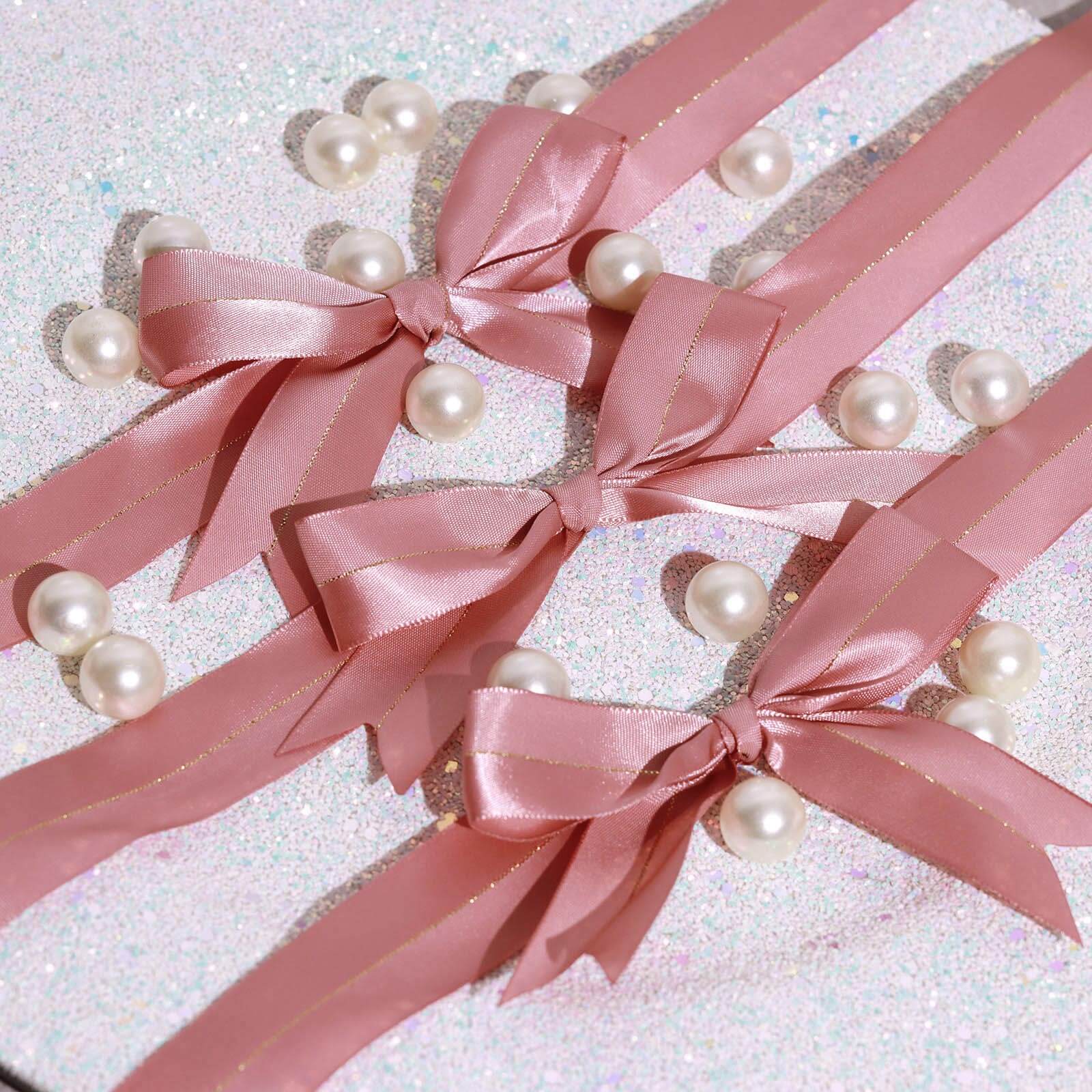50 Pcs 10" Dusty Rose Pre Tied Ribbon Bows, Satin Ribbon With Gold Foil Lining For Gift Basket and Party Favors Decor