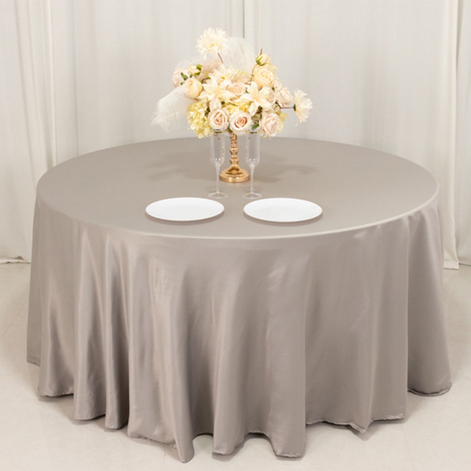 Lamour Satin 120" Round Tablecloth Silver - Seamless Table Cover with Soft Tempered Sheen
