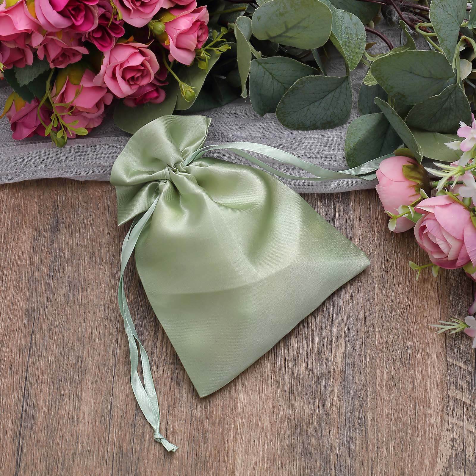 12 Pack 5"x7" Sage Green Satin Drawstring Wedding Party Favor Gift Bags, Drawstring Pouch Gift Bags
