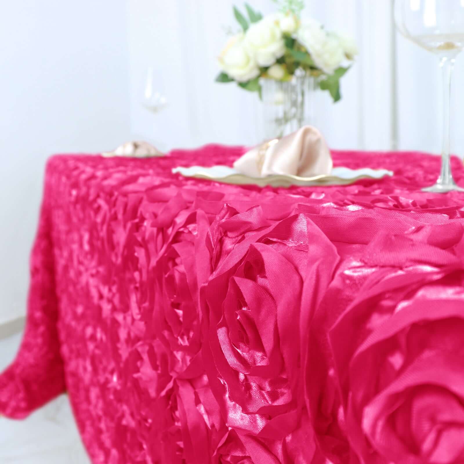 Satin 90"x132" Rectangle Tablecloth Fuchsia - Grandiose 3D Rosette Seamless Table Cover