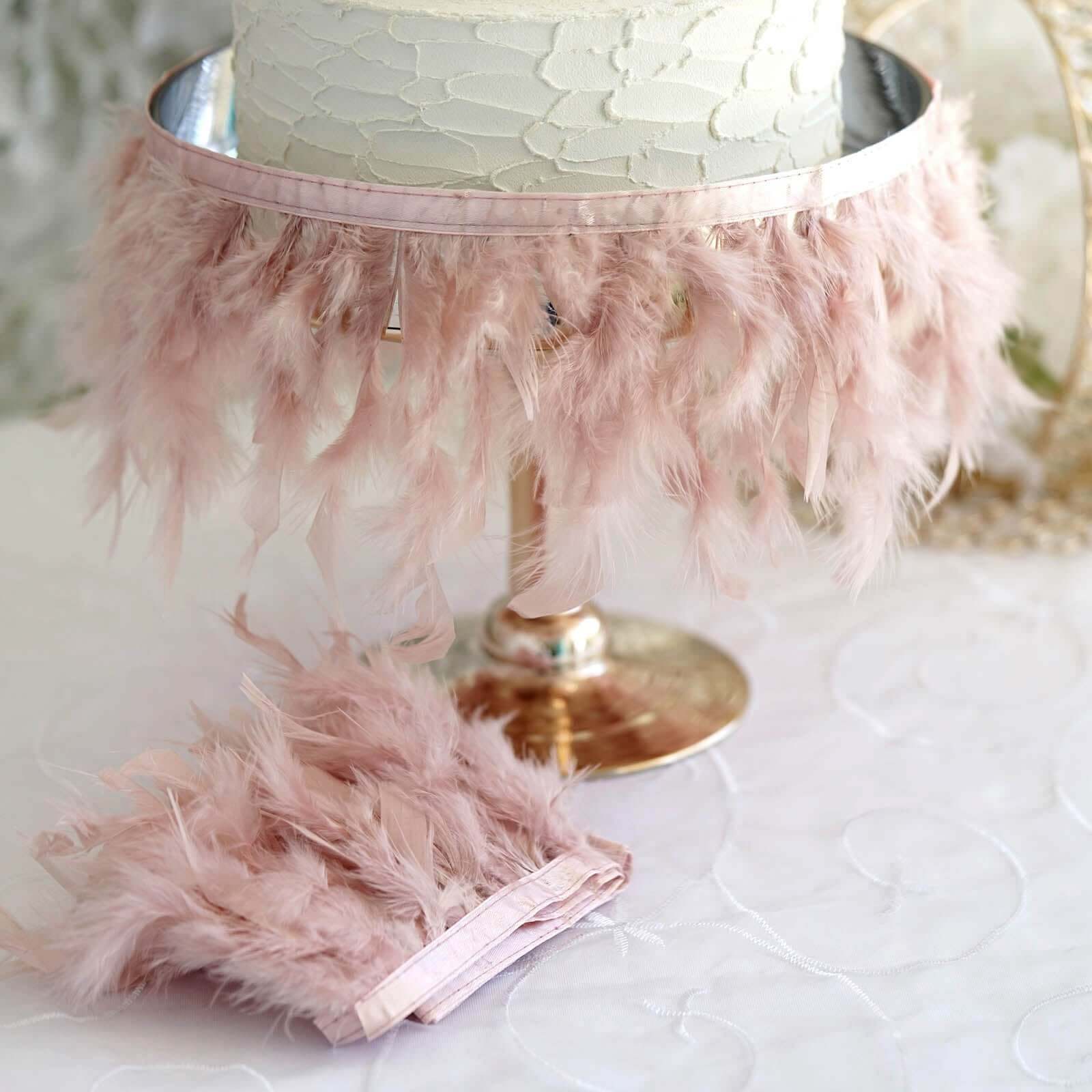 39" Dusty Rose Real Turkey Feather Fringe Trim With Satin Ribbon Tape