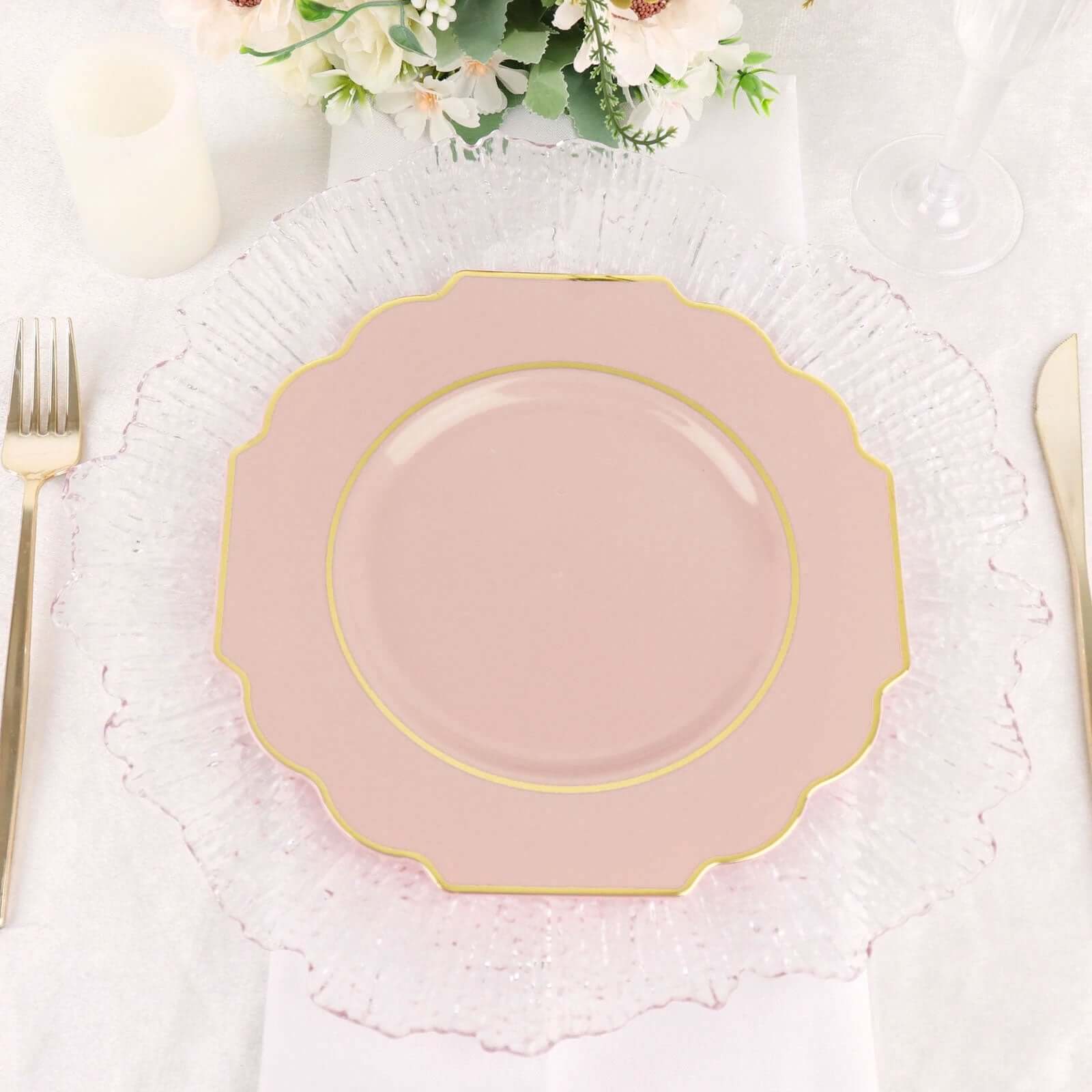 10-Pack Plastic Dessert Appetizer Plates in Blush Baroque Design with Scalloped Gold Rim - Heavy Duty Disposable Salad Plates 8"