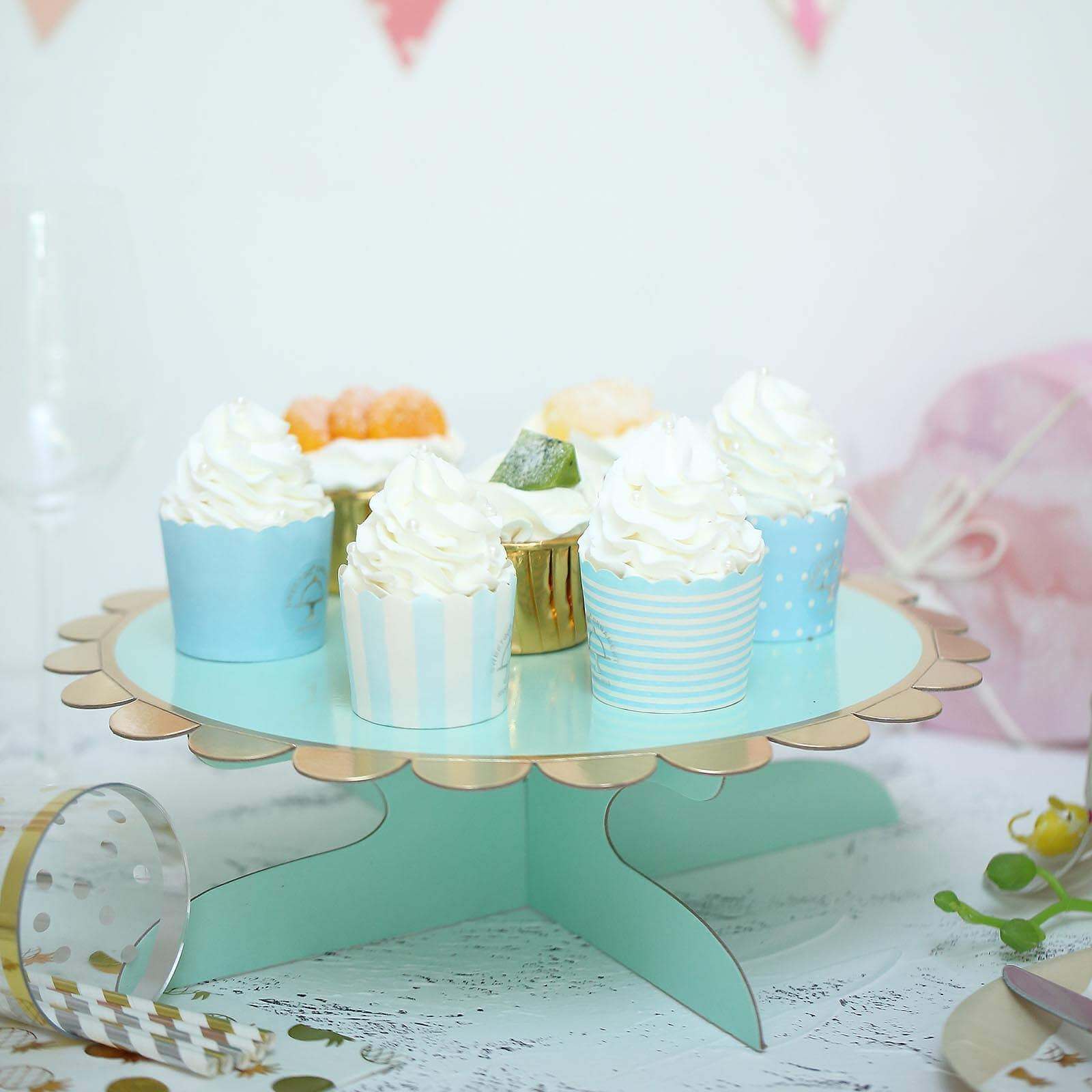 1-Tier Cardboard Cake Stand Mint - Stylish Reusable Cupcake Dessert Holder with Gold Scalloped Rim for Baby Showers Birthdays & Events 13"