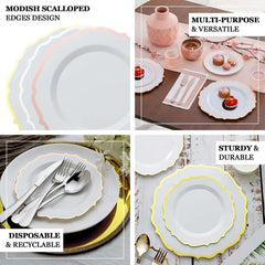 10-Pack Plastic 8" Round Desert Plates in Lavender Lilac with Gold Scalloped Rim - Disposable Appetizer/Salad Plates