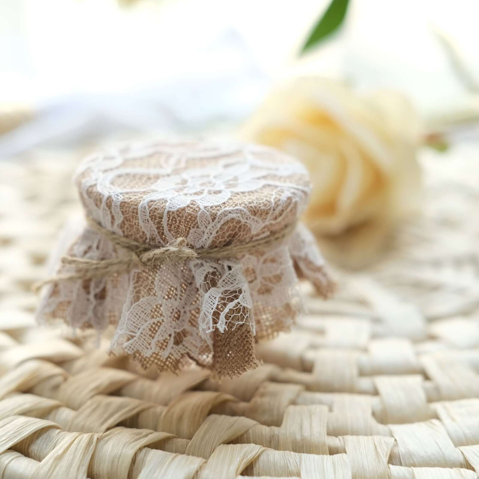 Set of 6 Mason Jar Lid Covers Rustic Burlap/White Lace Fabric Design with Jute String - Scalloped Edge Natural Linen Favor Covers 6"
