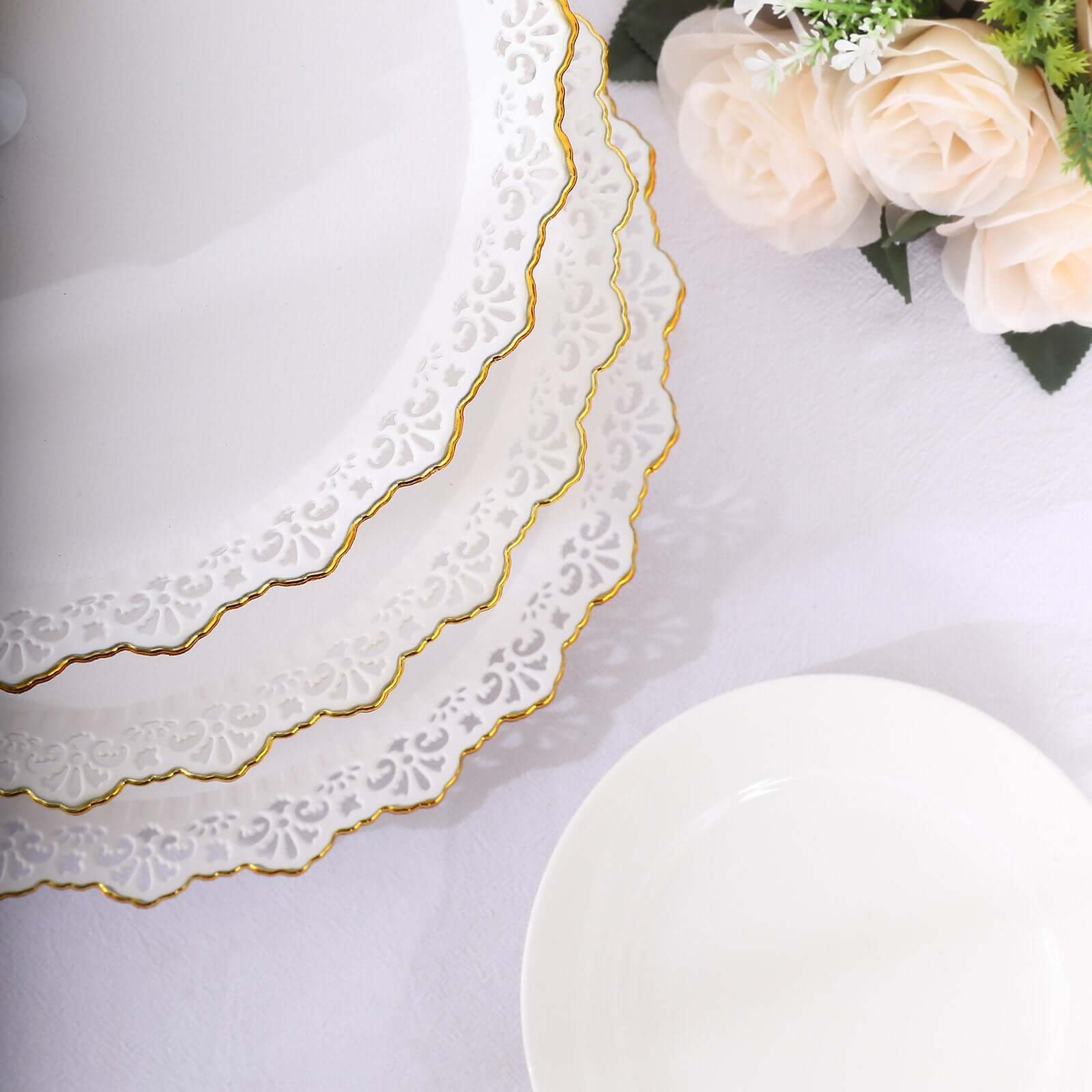 3-Tier Plastic Round Cupcake Stand 15" White with Lace Gold Rim Scalloped Edges - Multifunctional Space Saving Dessert Display Tower Pastry Serving Tray for Classy Events