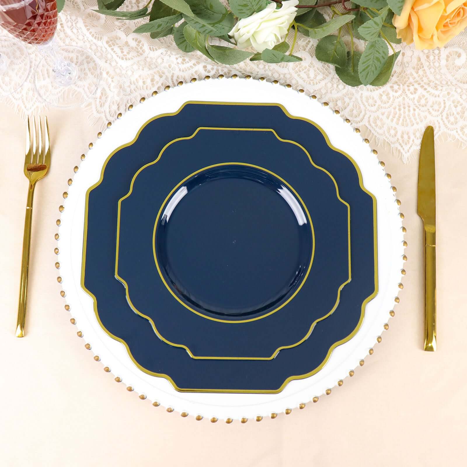 10-Pack Plastic Dinner Plates in Navy Blue Baroque Design with Scalloped Gold Rim - Heavy Duty Disposable Party Plates 11"