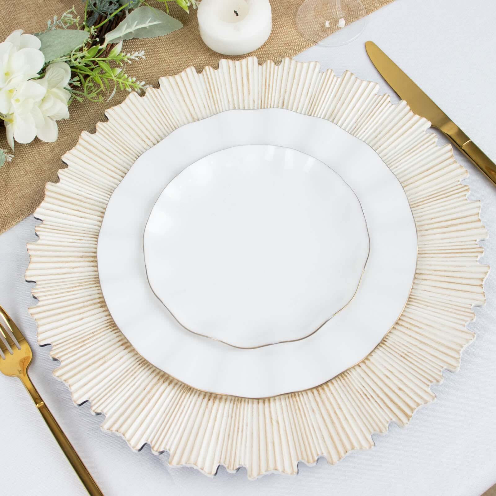 6-Pack Acrylic Plastic Round Charger Plates 13" in Washwhite with Sunray Scalloped Rim, Decorative Dinner Party Charger Tableware