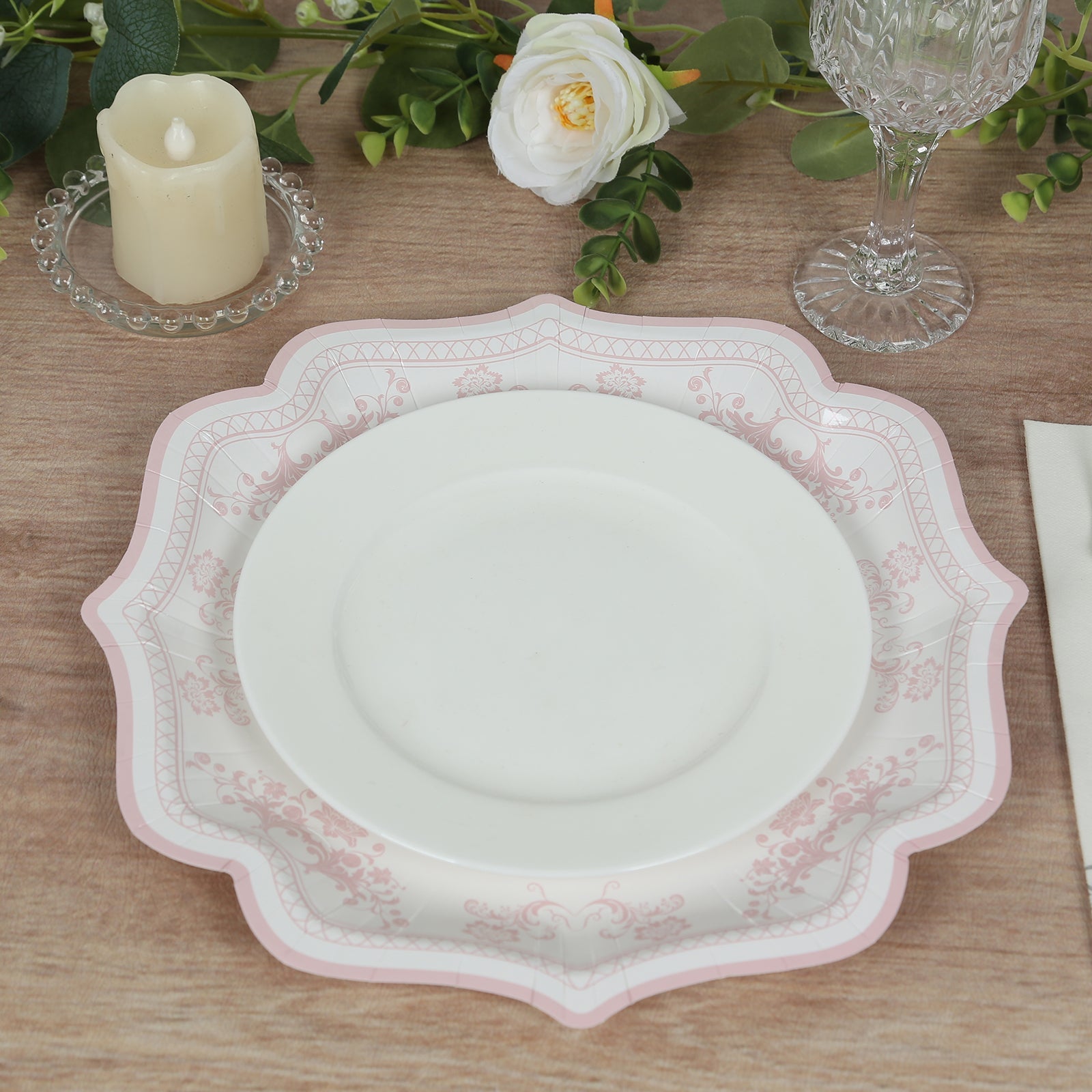 25-Pack Paper Dessert Plates in White with Pink Damask Floral Print & Scallop Rim - Stylish Disposable 300GSM Floral Salad Appetizer Plates 8"
