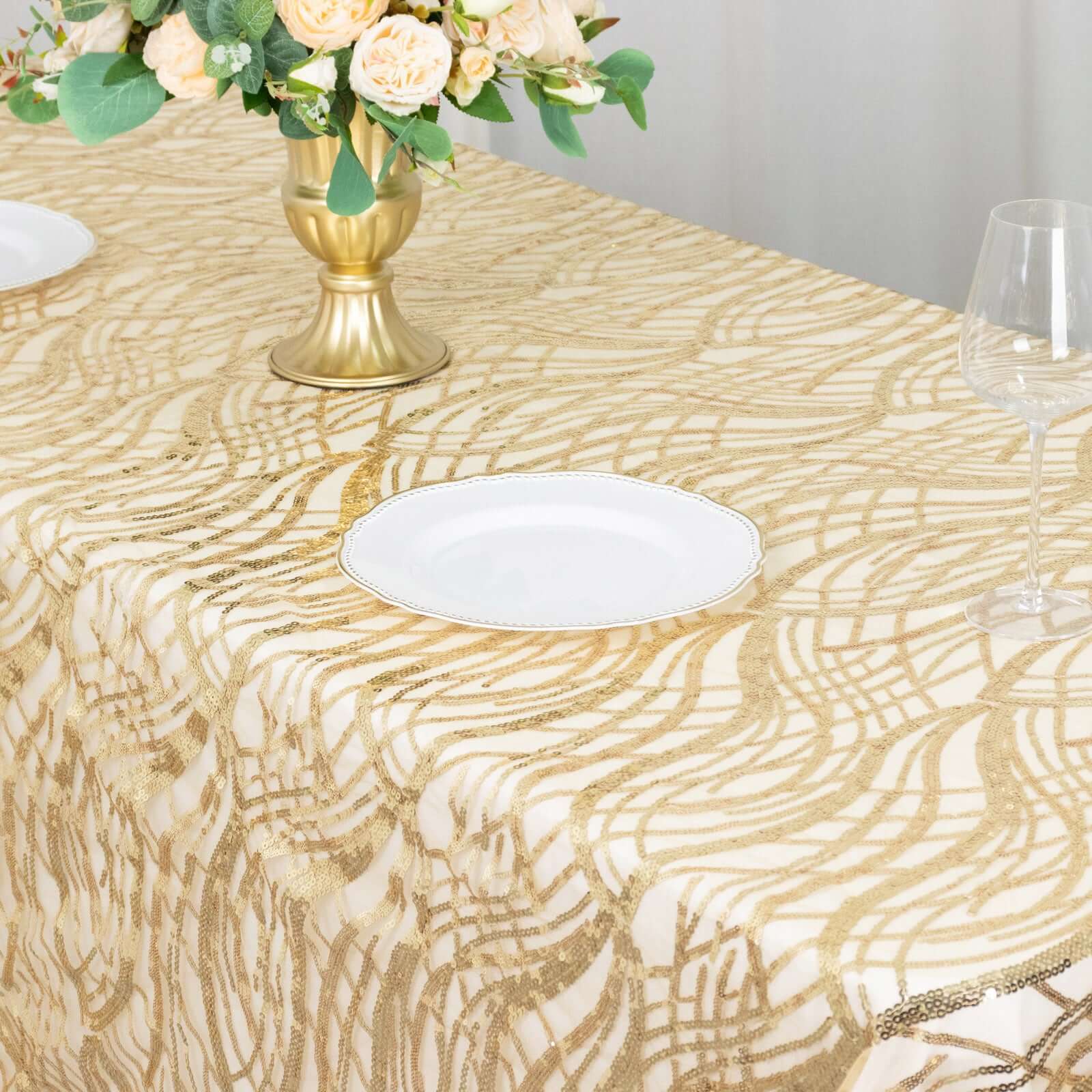 Mesh 90"x156" Rectangle Tablecloth Champagne - Wave Sequin Embroidered Table Cover