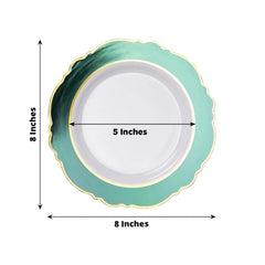 10-Pack Plastic 8" Round Dessert Plates in White with Hunter Emerald Green Blossom Design & Gold Edging - Disposable Salad Appetizer Plates