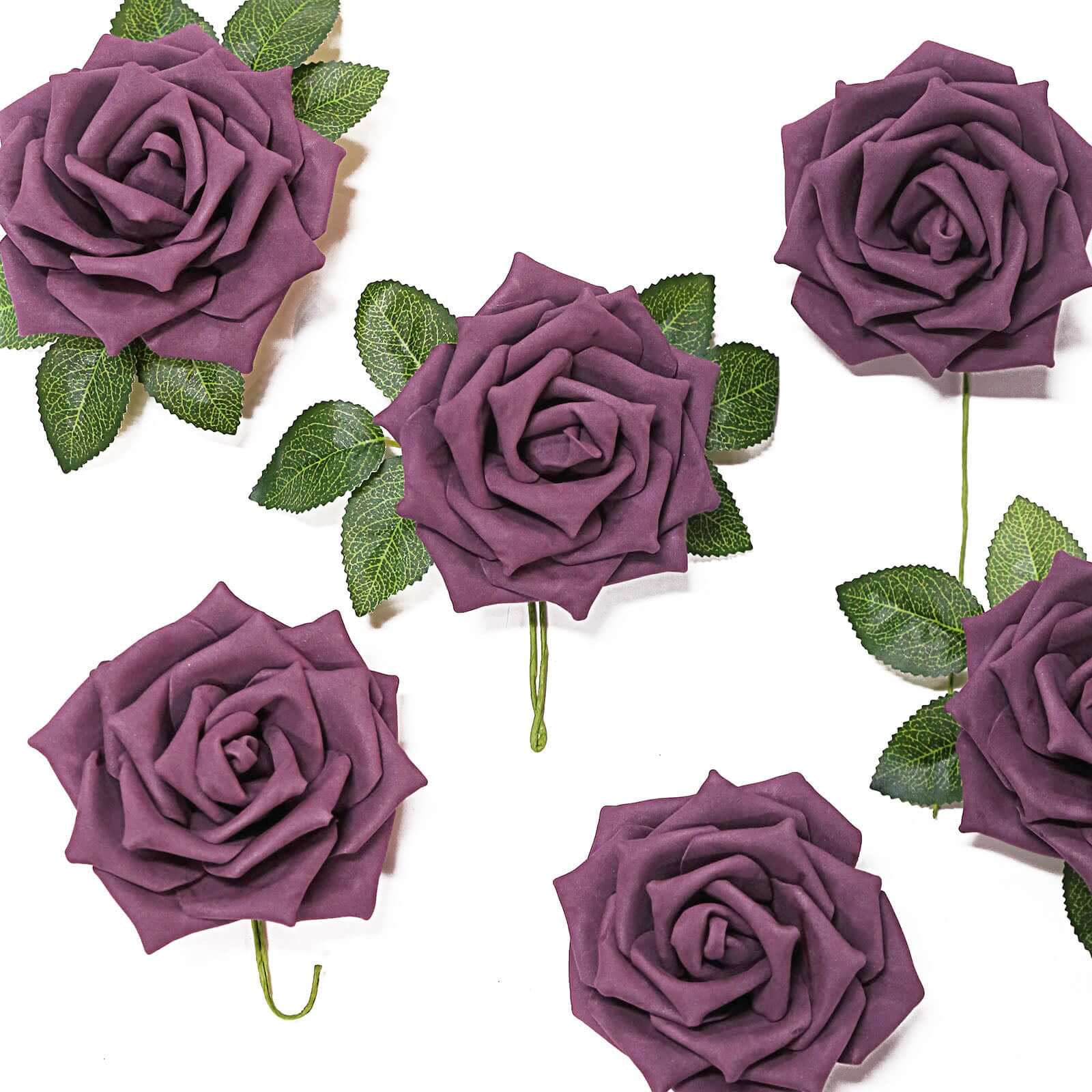 24 Roses 5" Eggplant Artificial Foam Flowers With Stem Wire and Leaves