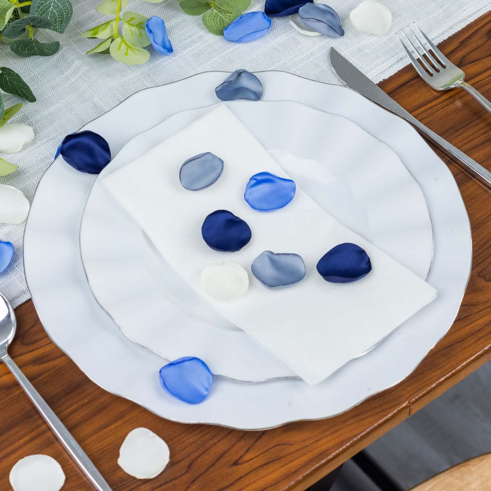 400-Pack Rose Petals Life-Like Flower Confetti Dusty Blue Mix Matte Silk Round - Decorative Event Table Scatters 2"