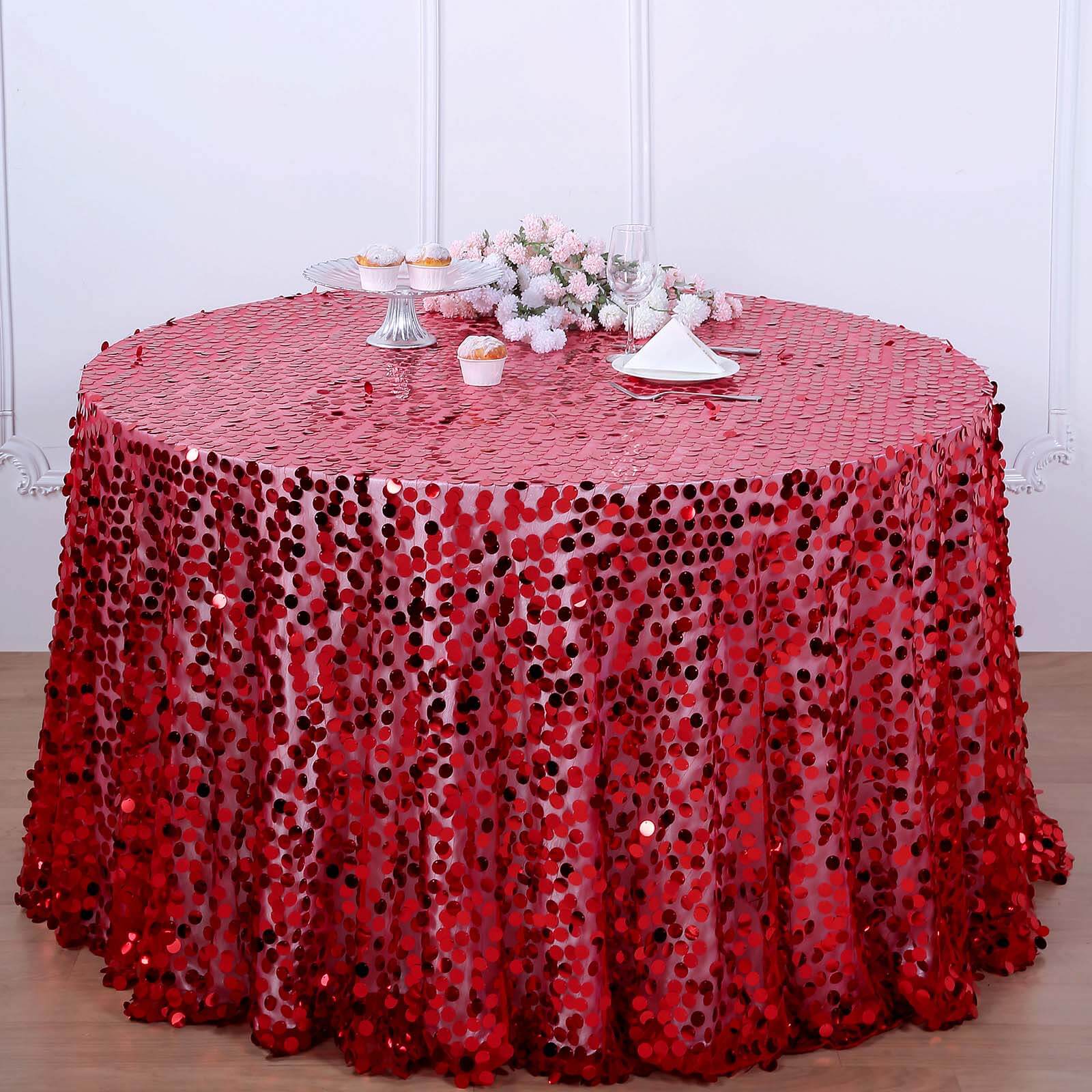 Sequin 120" Round Tablecloth Red - Seamless Big Payette Design Table Cover