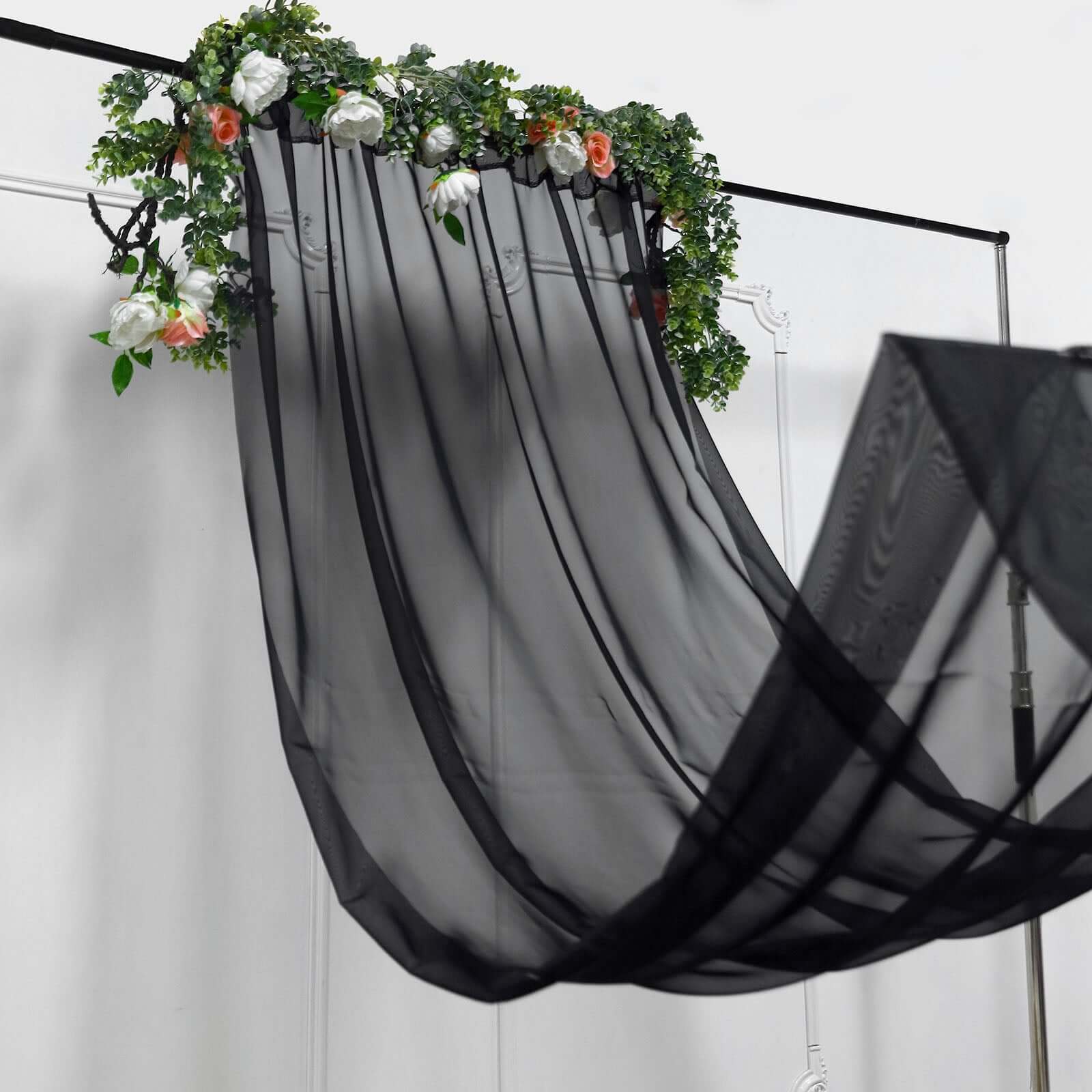 5ftx14ft Premium Black Chiffon Curtain Panel, Durable Flame Resistant Backdrop Ceiling Drapery With Rod Pocket