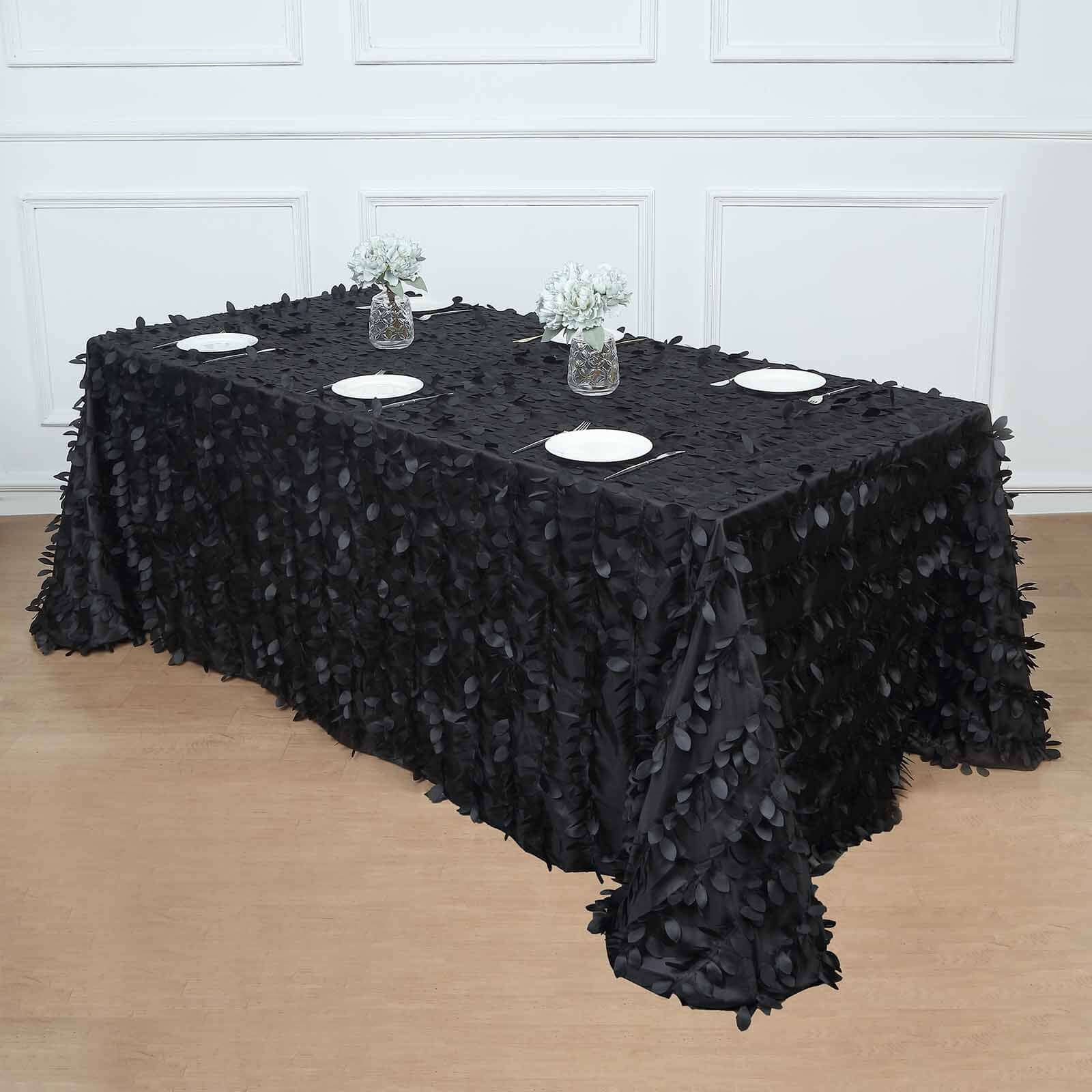 Taffeta 90"x132" Rectangle Tablecloth Black | 3D Leaf Petal Design Seamless Table Cover