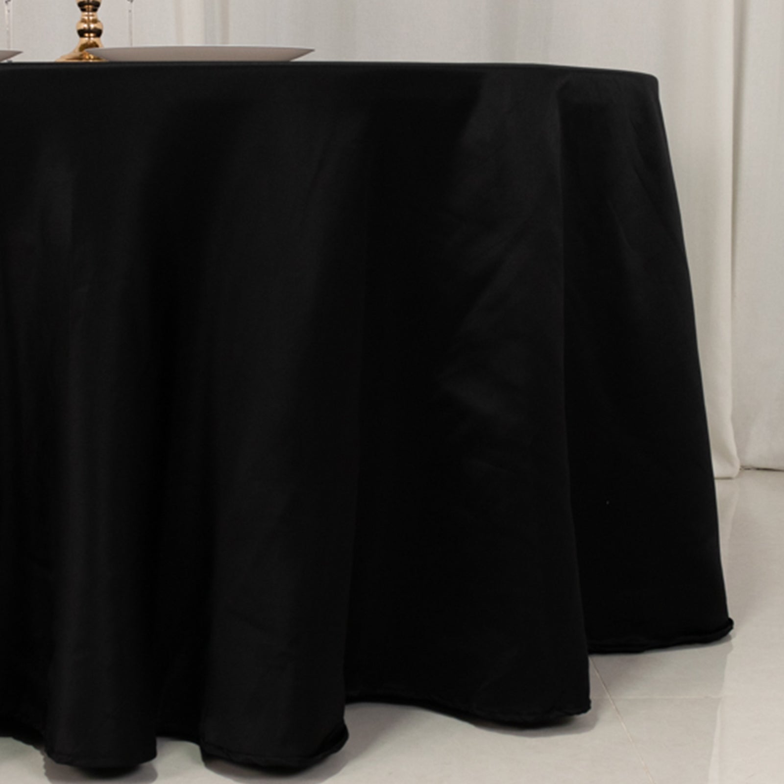 Lamour Satin 120" Round Tablecloth Black - Seamless Table Cover with Soft Tempered Sheen for Upscale Gatherings