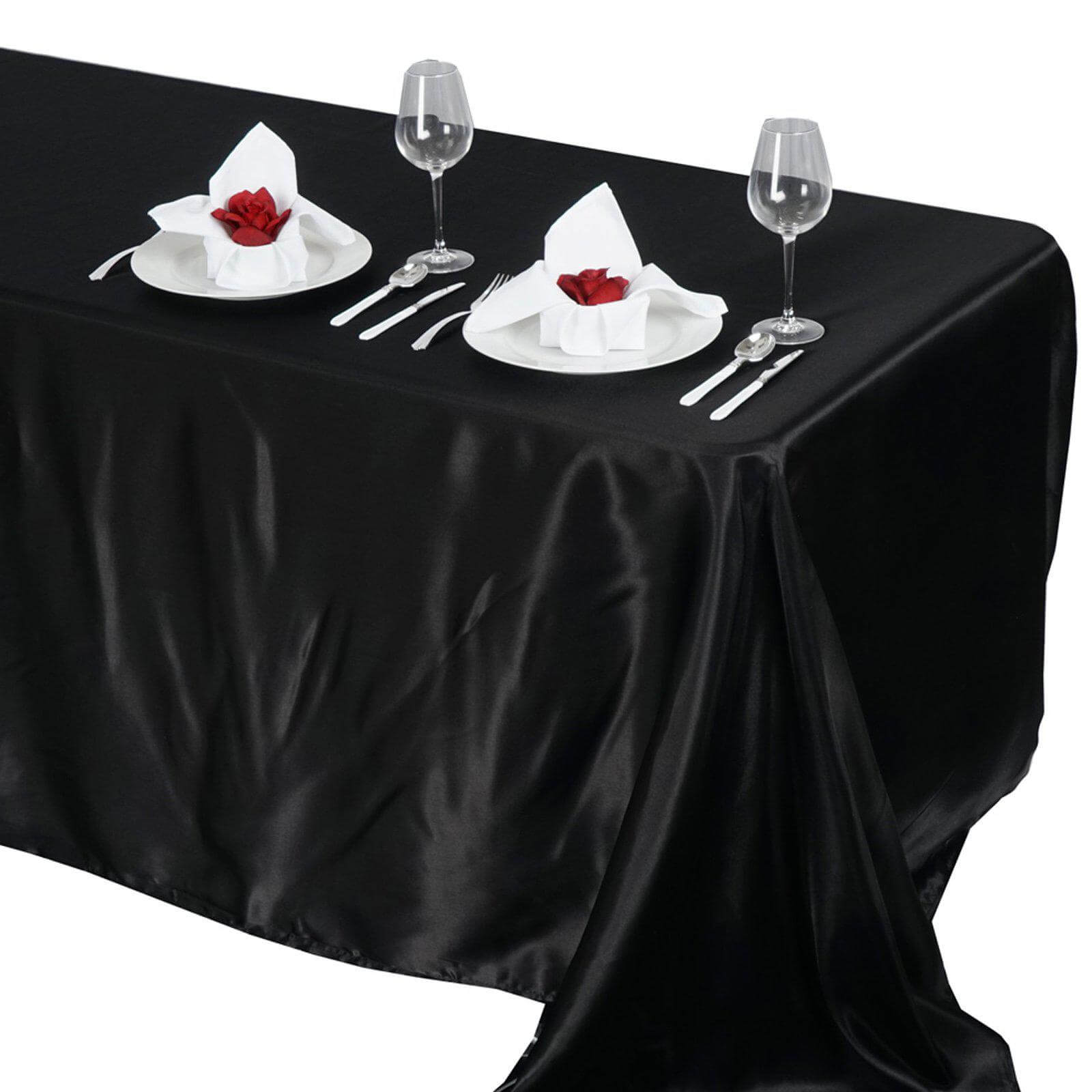 Satin Rectangular 90"x132" Tablecloth Black Satin - Seamless Stylish Table Cover for Weddings and Parties