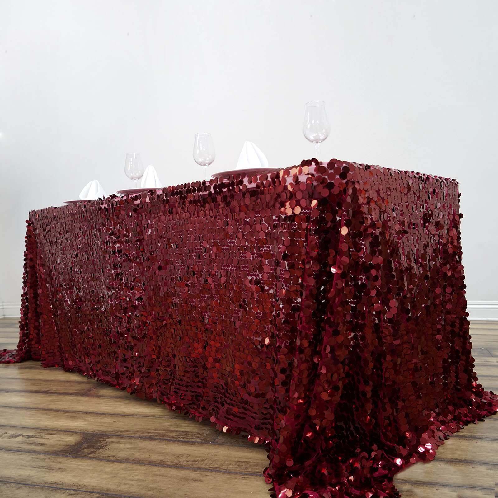 Sequin 90"x132" Rectangle Tablecloth Burgundy - Seamless Big Payette Design for Sophisticated Occasions