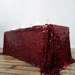 Sequin 90"x132" Rectangle Tablecloth Burgundy - Seamless Big Payette Design for Sophisticated Occasions