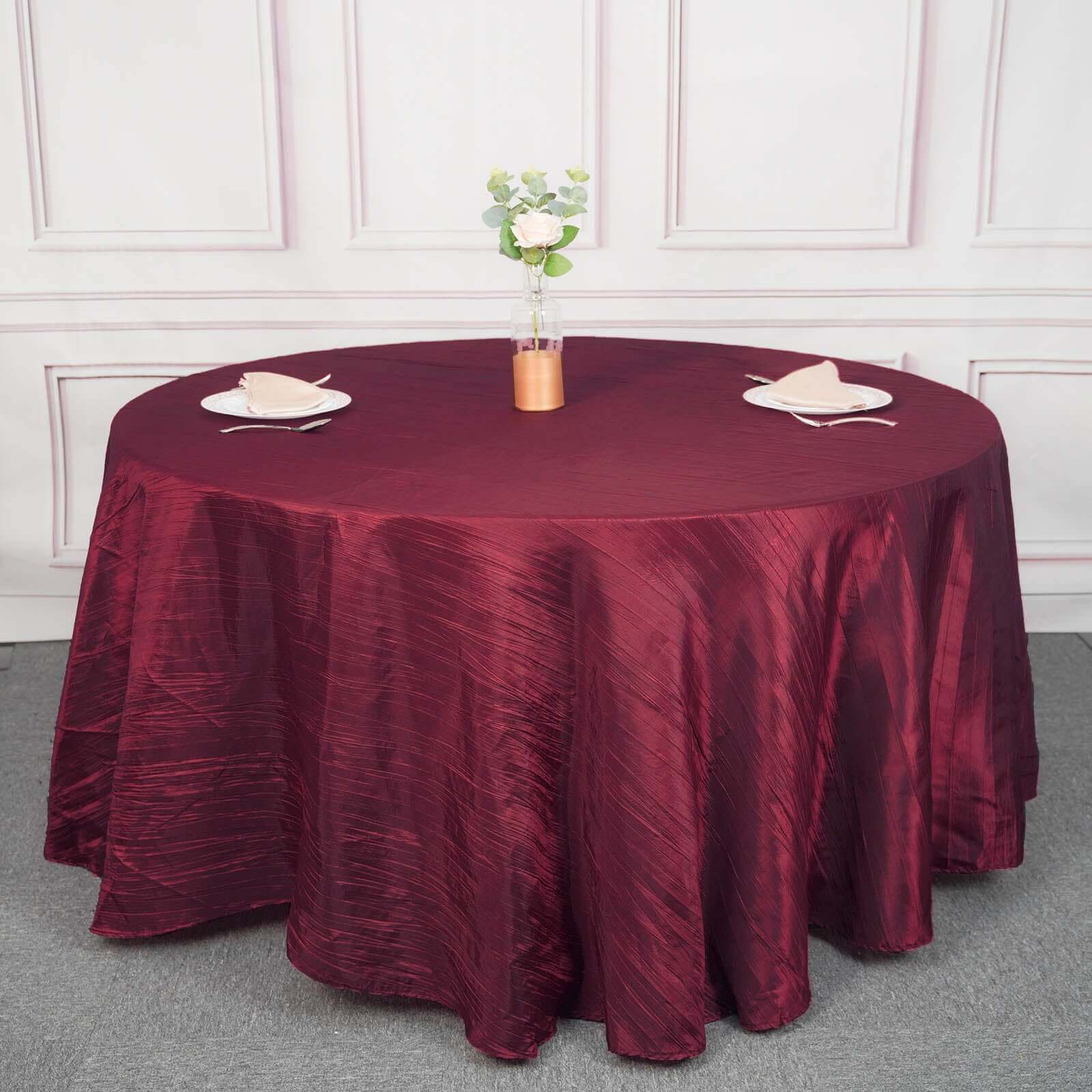 Taffeta 120" Round Tablecloth Burgundy - Seamless Accordion Crinkle Table Cover