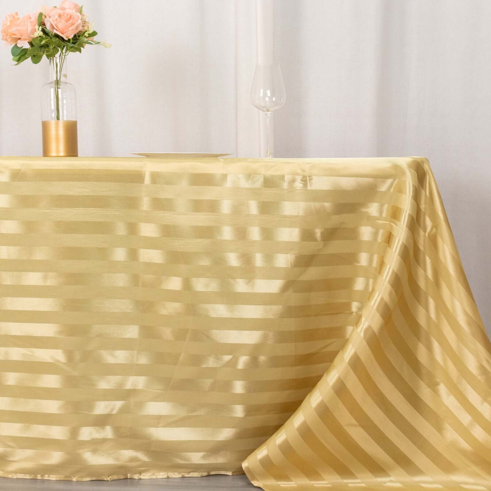 Satin Striped 90"x132" Rectangular Tablecloth Champagne Satin Stripe - Seamless Silky Smooth Table Cover