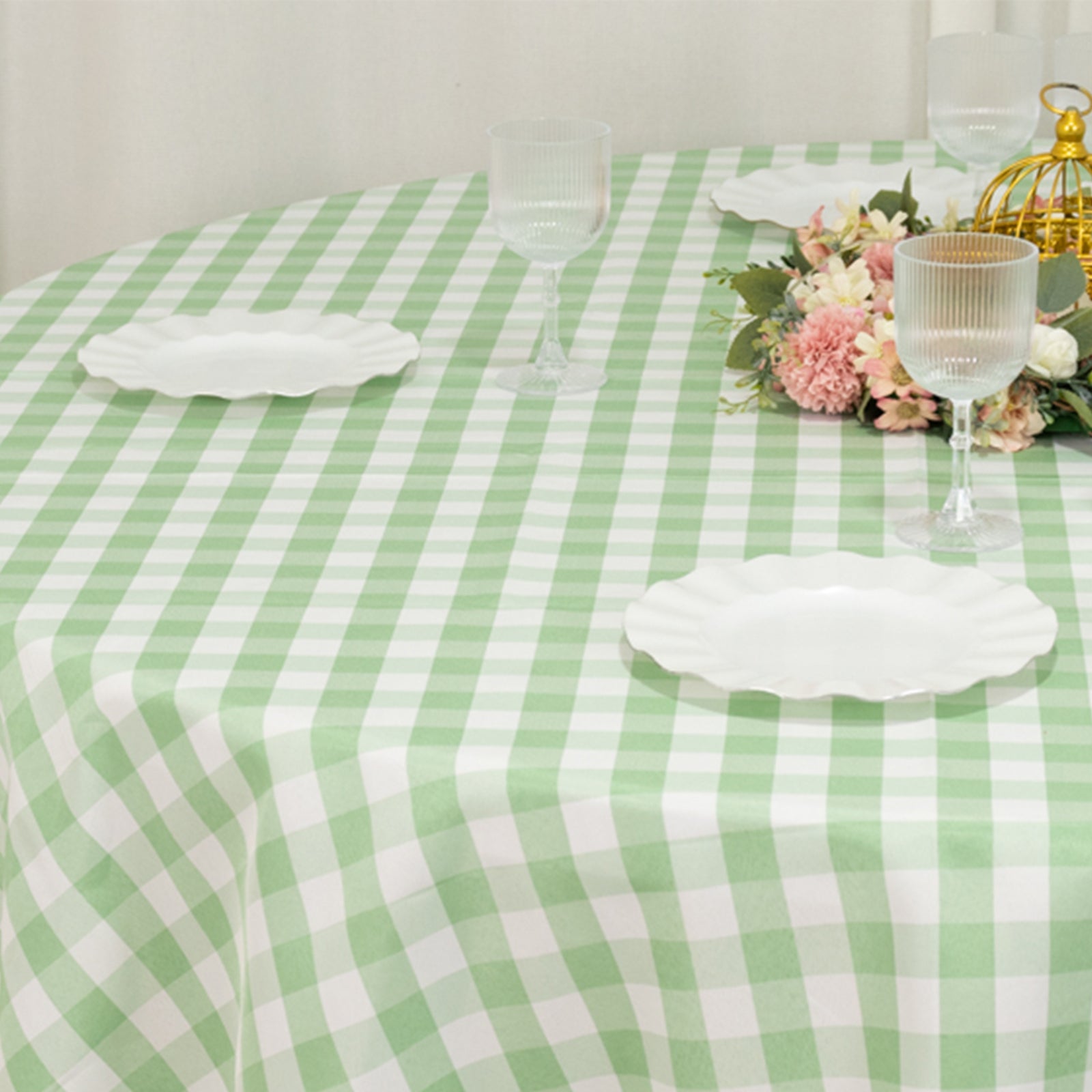 Polyester 108" Round Tablecloth White/Sage Green - Checkered Buffalo Plaid Table Cover