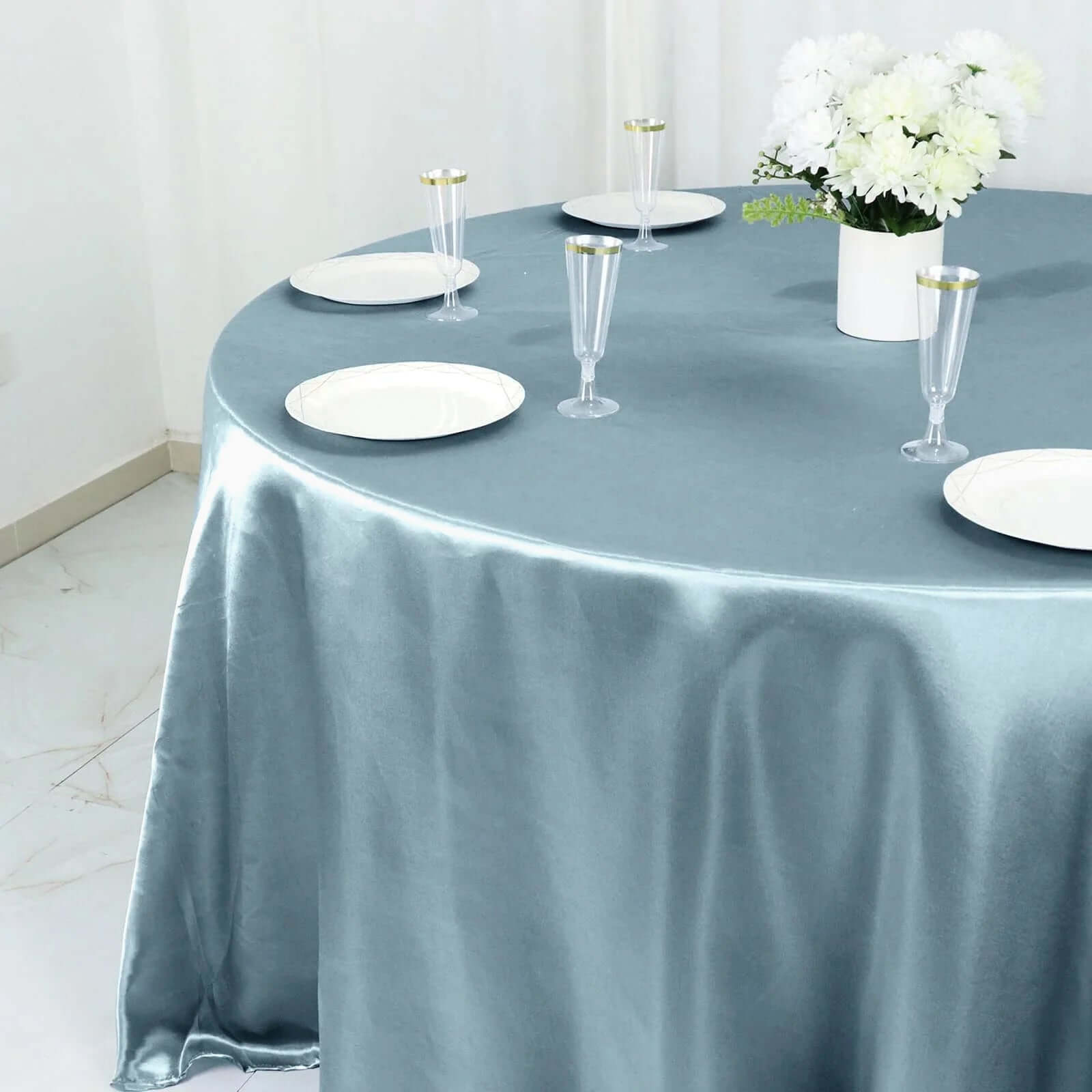 Satin 132" Round Tablecloth Dusty Blue - Stylish Seamless Table Cover