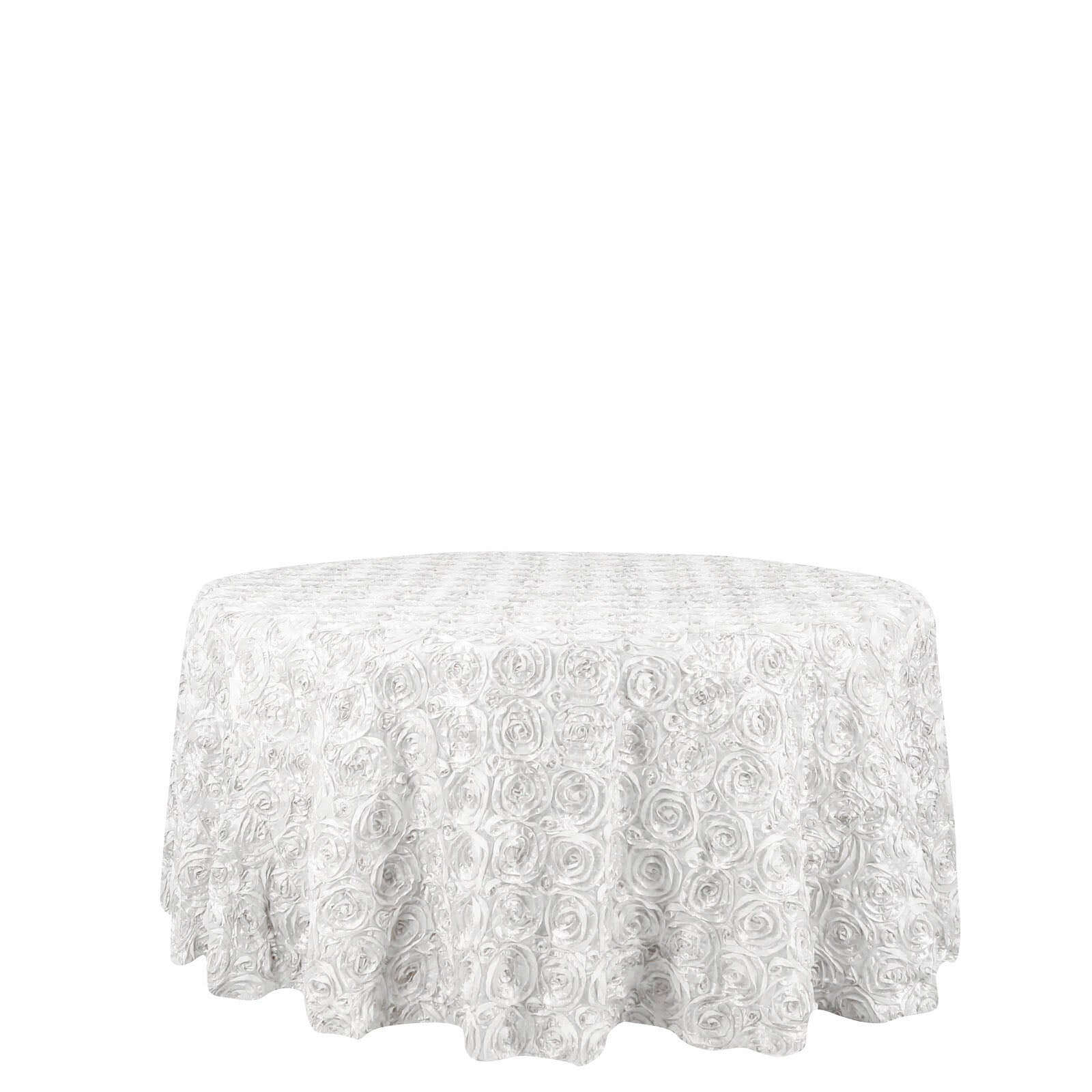 Satin 120" Round Tablecloth White - Grandiose 3D Rosette Design with Seamless Finish for Luxe Events