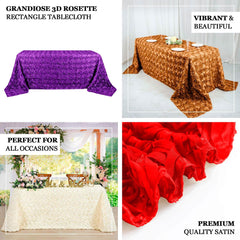 Satin 90"x132" Rectangle Tablecloth White - Grandiose 3D Rosette Design with Seamless Finish for Graceful Gatherings