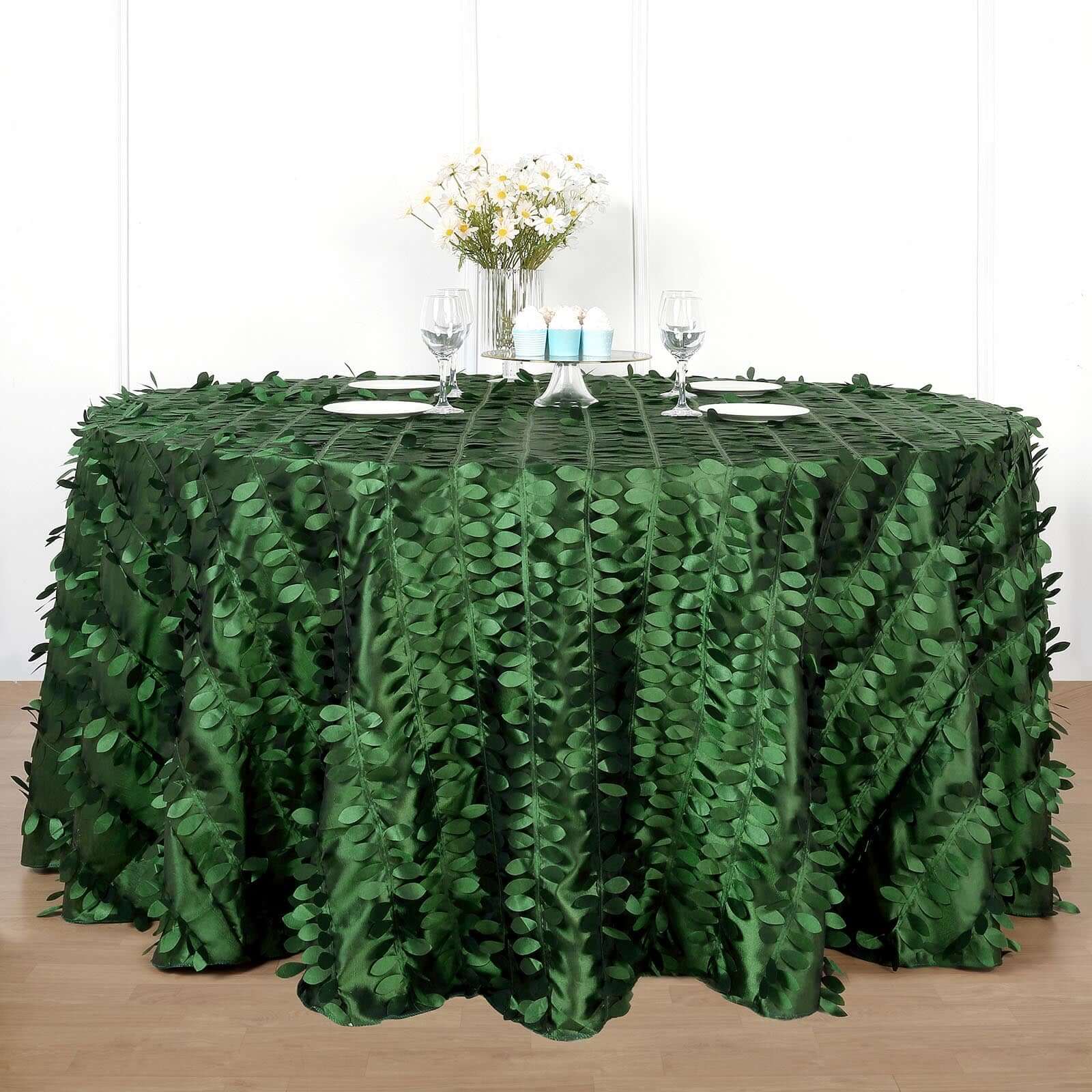 Taffeta 120" Round Tablecloth Green Leaf | 3D Leaf Petal Design Seamless Table Cover