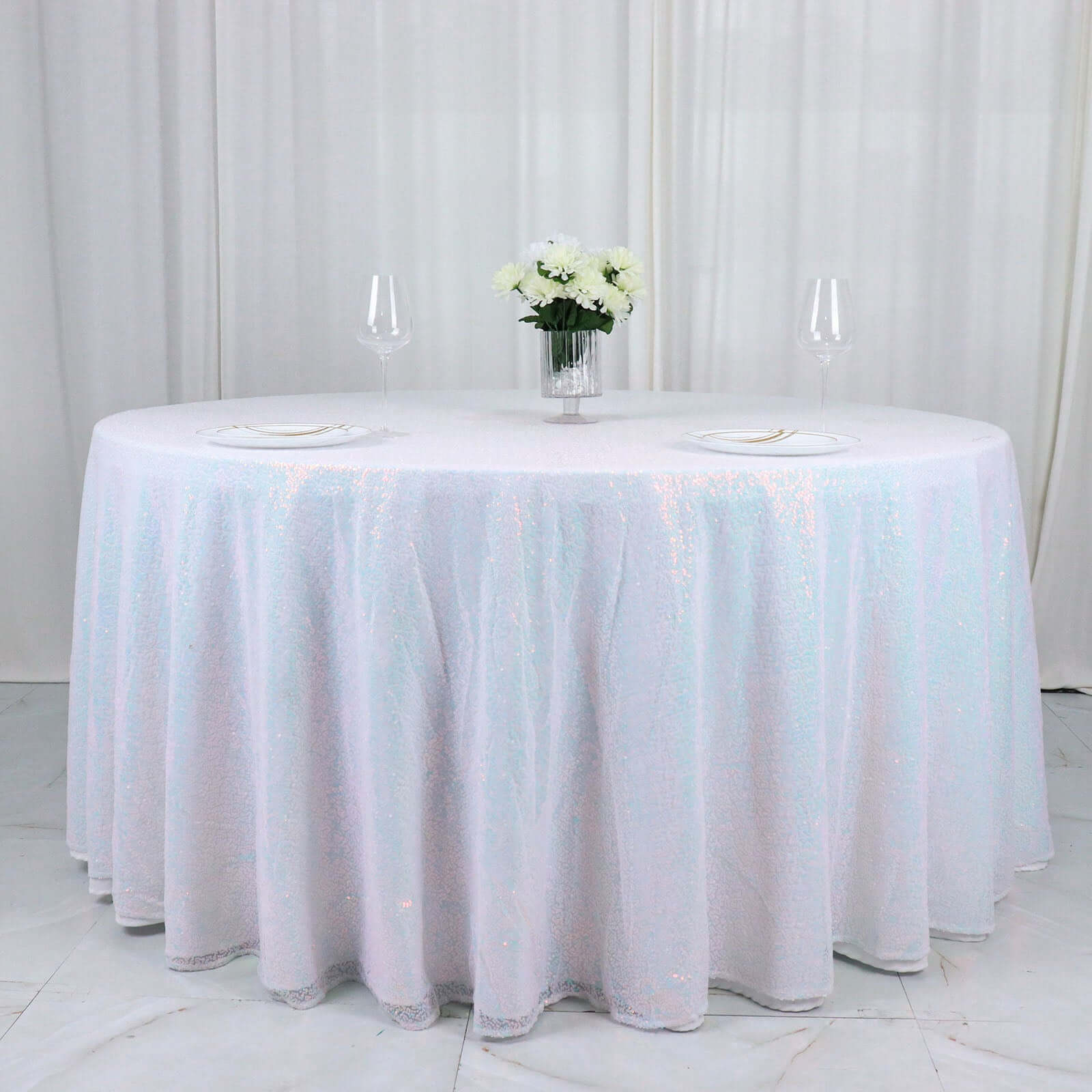 Sequin 132" Round Tablecloth Iridescent Blue - Seamless Dazzling Table Cover