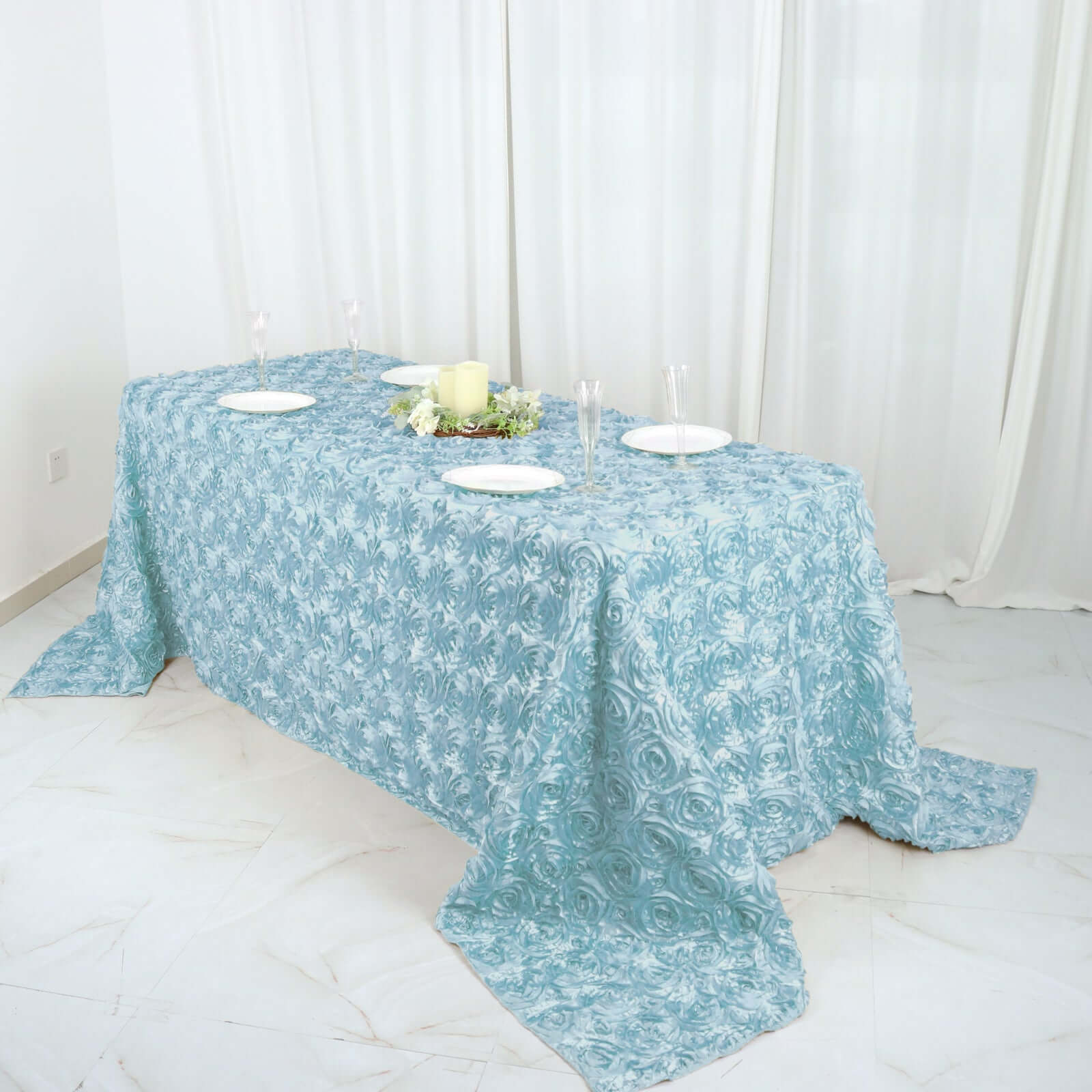 Satin 90"x132" Rectangle Tablecloth Light Blue - Grandiose 3D Rosette Seamless Table Cover