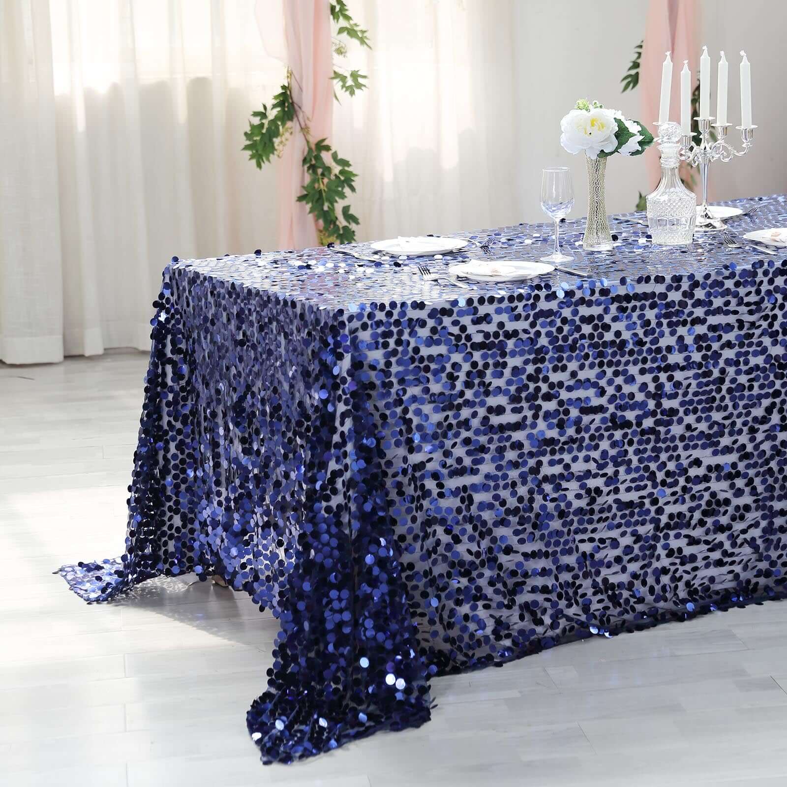 Sequin 90"x132" Rectangle Tablecloth Navy Blue - Seamless Big Payette Table Cover