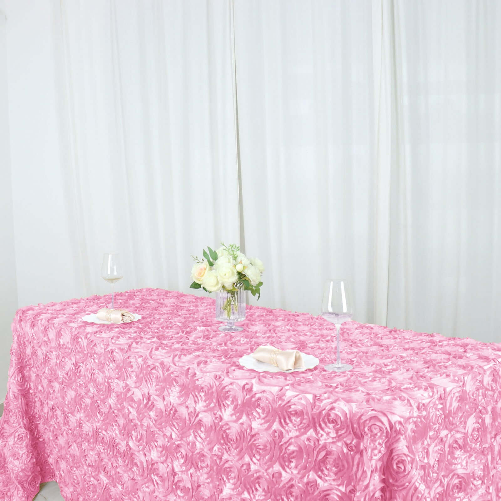 Satin 90"x132" Rectangle Tablecloth Pink - Grandiose 3D Rosette Seamless Table Cover