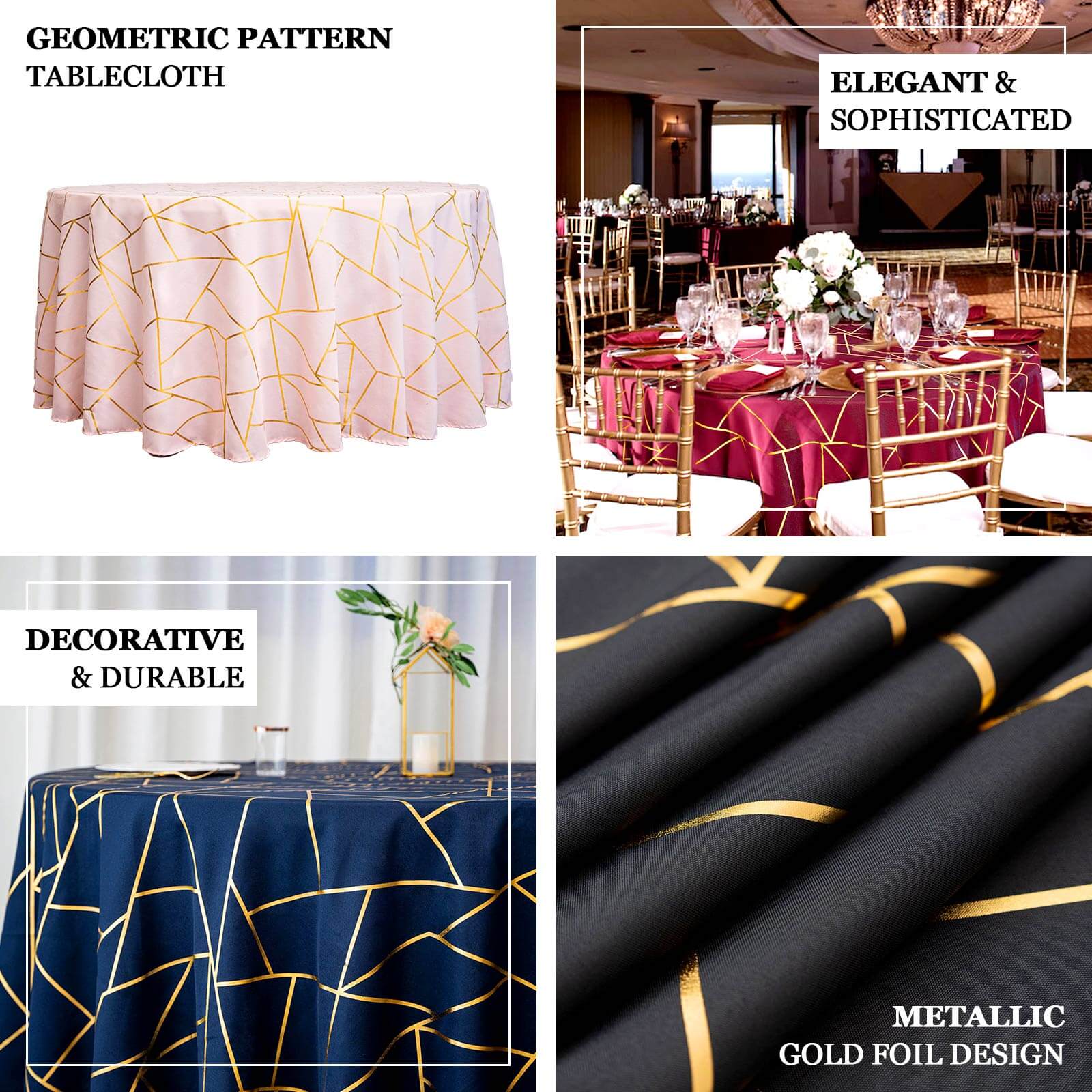 Polyester 120" Round Tablecloth Purple with Gold Foil Geometric Pattern Wrinkle-Resistant Seamless Table Cover