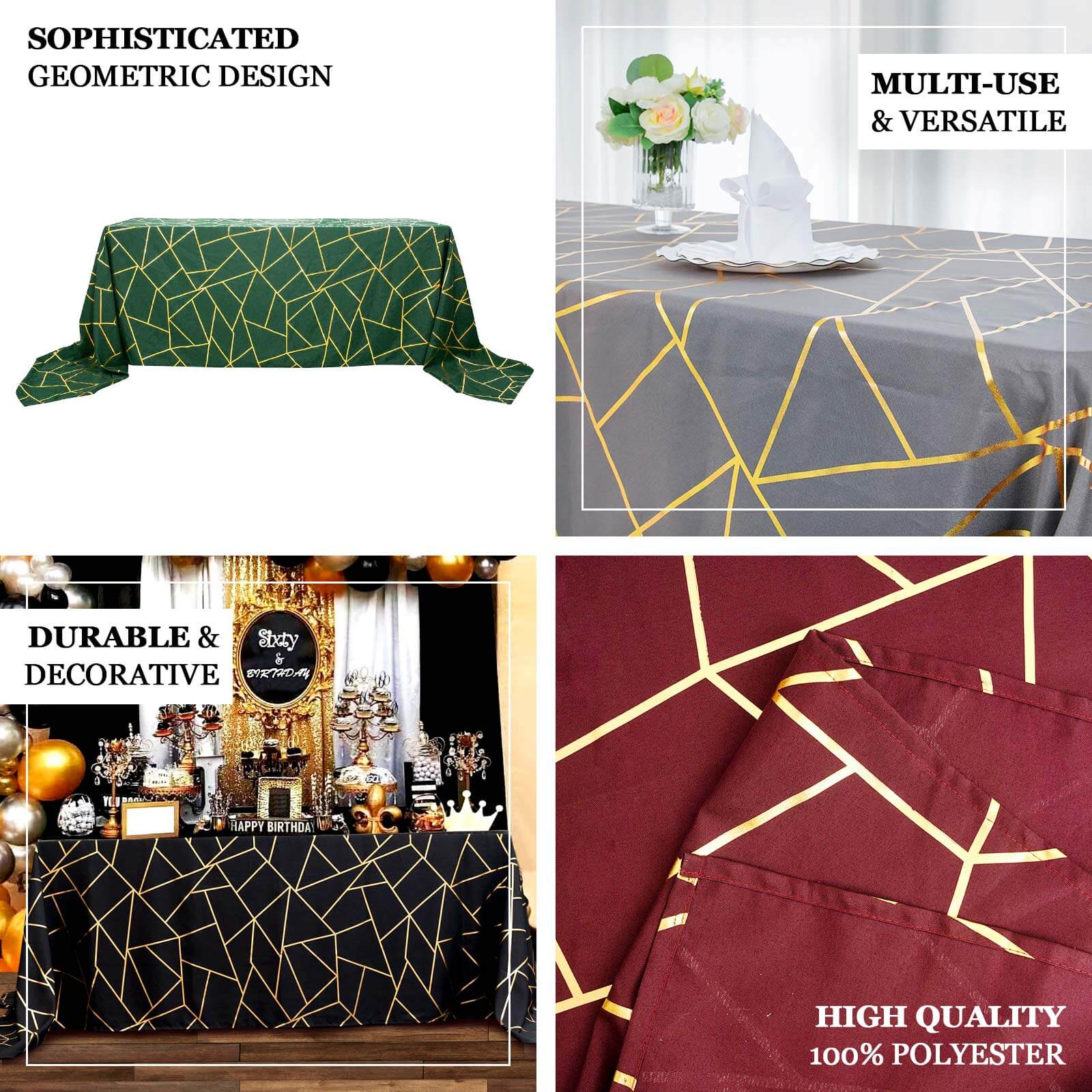 90"x132" Peacock Teal Seamless Rectangle Polyester Tablecloth With Gold Foil Geometric Pattern for 6 Foot Table With Floor-Length Drop