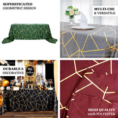 90"x132" Peacock Teal Seamless Rectangle Polyester Tablecloth With Gold Foil Geometric Pattern for 6 Foot Table With Floor-Length Drop