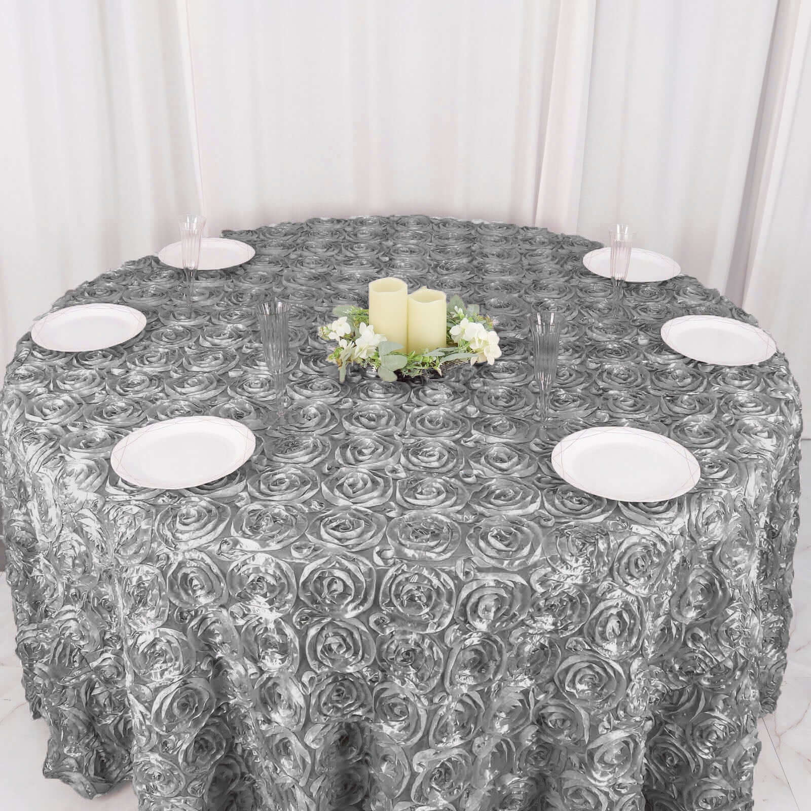 Satin 120" Round Tablecloth Silver - Grandiose 3D Rosette Design with Seamless Finish for Luxe Events