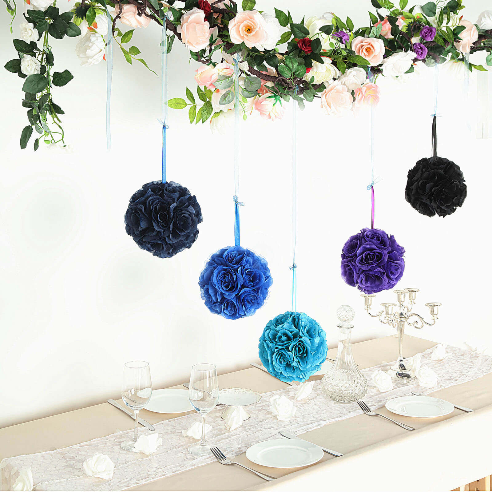 2 Pack 7" Turquoise Artificial Silk Rose Kissing Ball, Faux Flower Ball