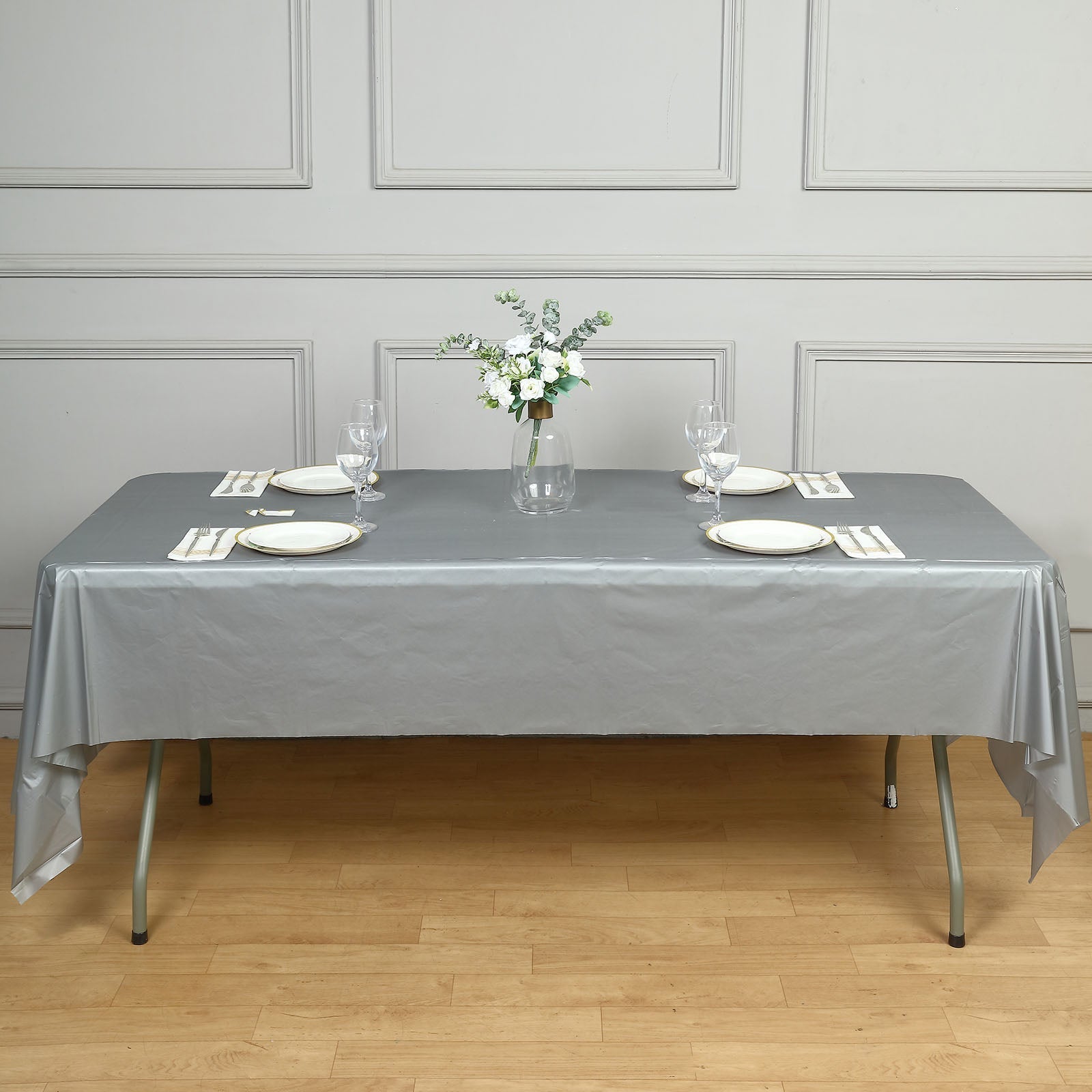 Silver Rectangle Plastic Table Cover, 54"x108" PVC Waterproof Disposable Tablecloth