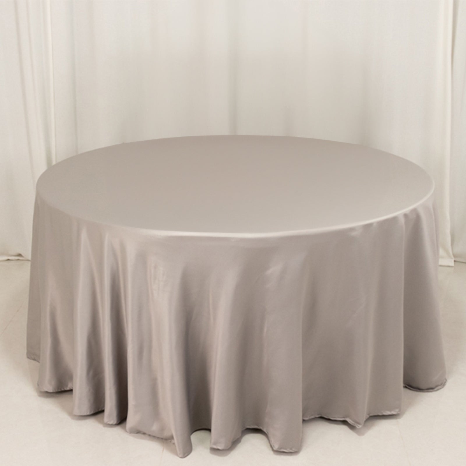 Lamour Satin 120" Round Tablecloth Silver - Seamless Table Cover with Soft Tempered Sheen