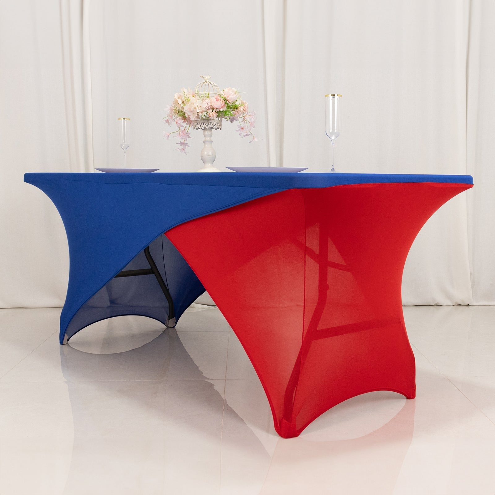 Stretch Spandex 72"x30" Rectangle Table Cover Royal Blue/Red Cross Over Design - Two-Piece Fitted Tablecloth with Elastic Foot Pockets