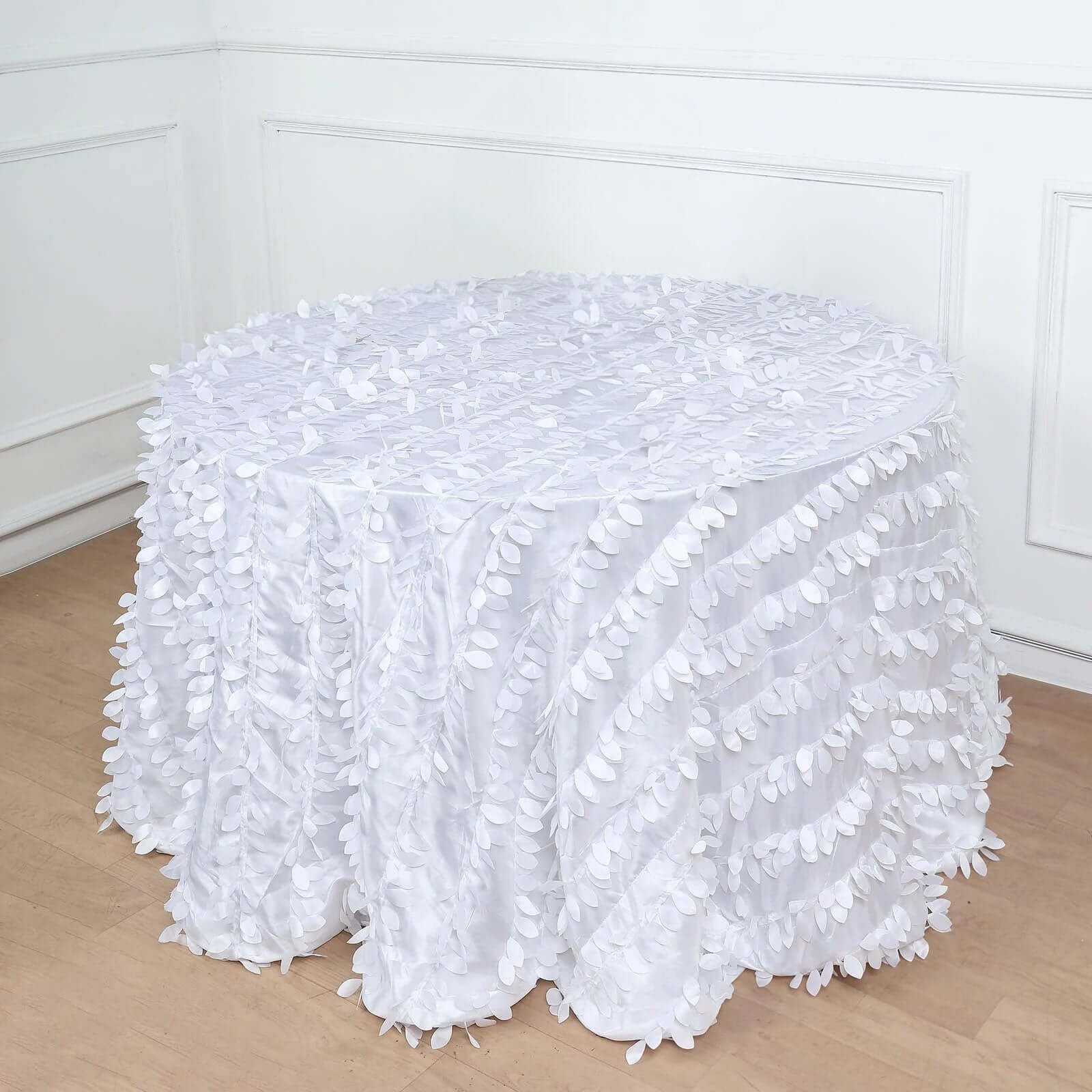 Taffeta 120" Round Tablecloth White 3D | 3D Leaf Petal Design Seamless Table Cover for Chic Wedding & Event Decor
