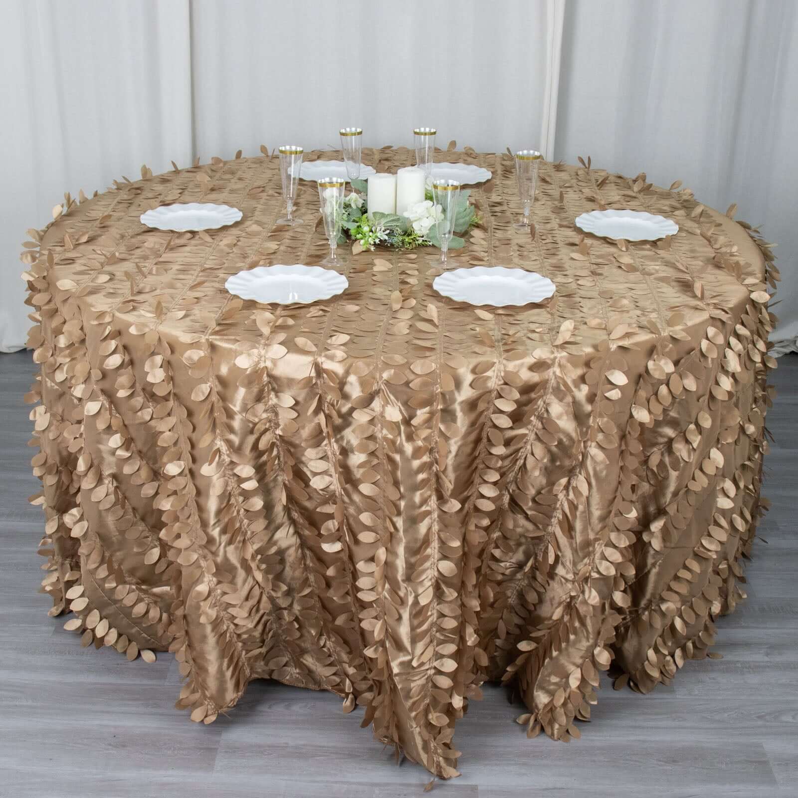 Taffeta 120" Round Tablecloth Taupe Leaf | 3D Leaf Petal Design Seamless Table Cover