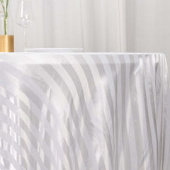 Satin Striped 120" Round Tablecloth White Satin Stripe - Silky Smooth Seamless Wedding Decor